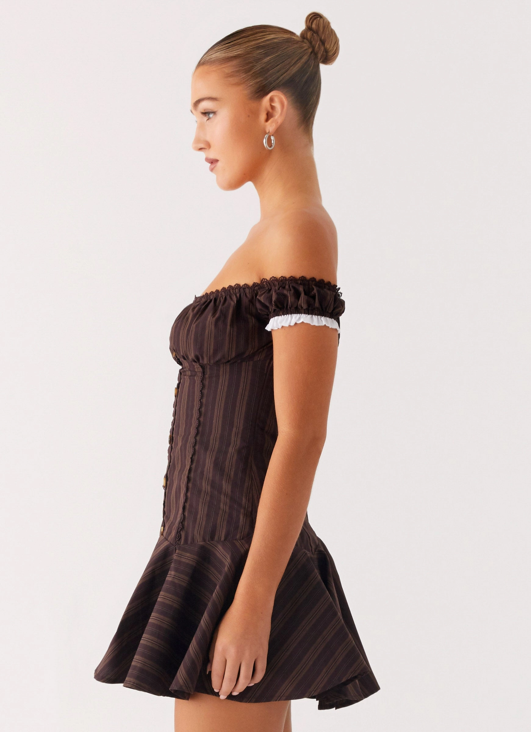 Jumana Off Shoulder Mini Dress - Toffee Stripe Easy Mood