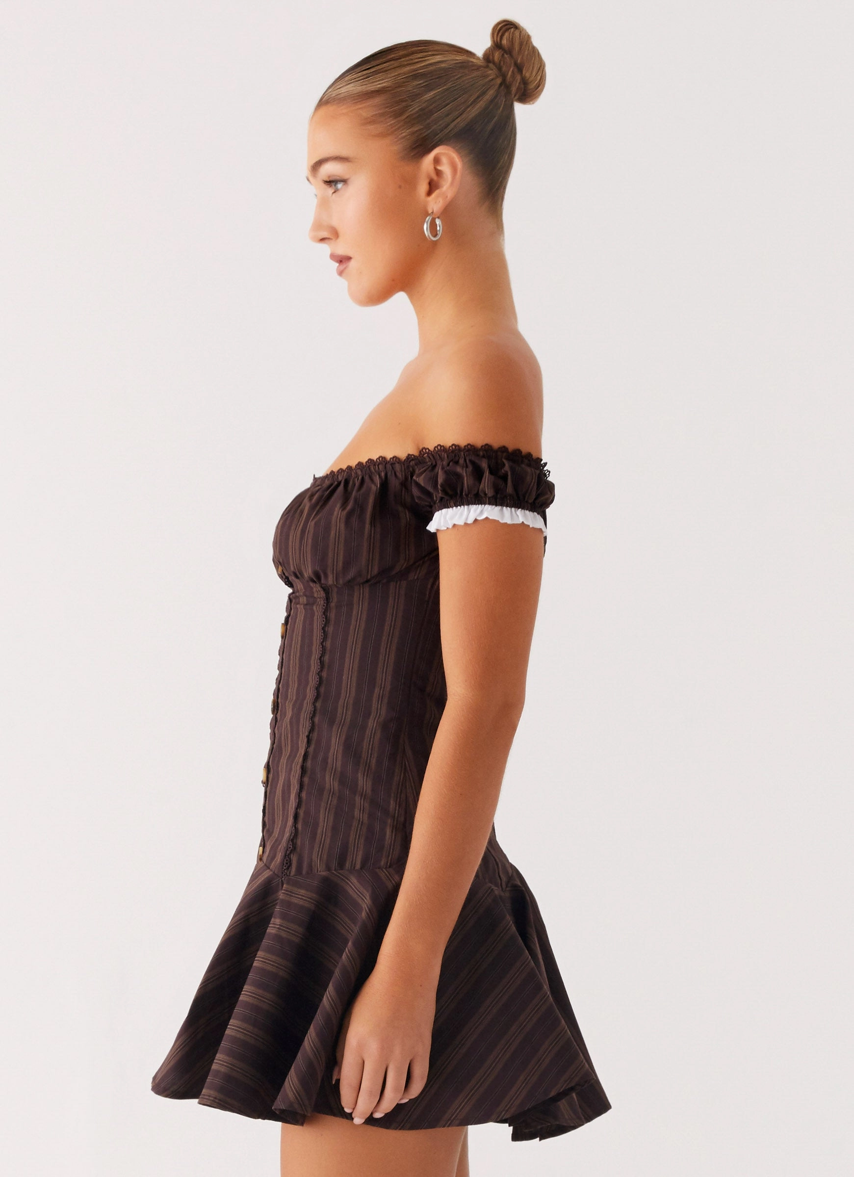 Vintage Style Jumana Off Shoulder Mini Dress - Toffee Stripe