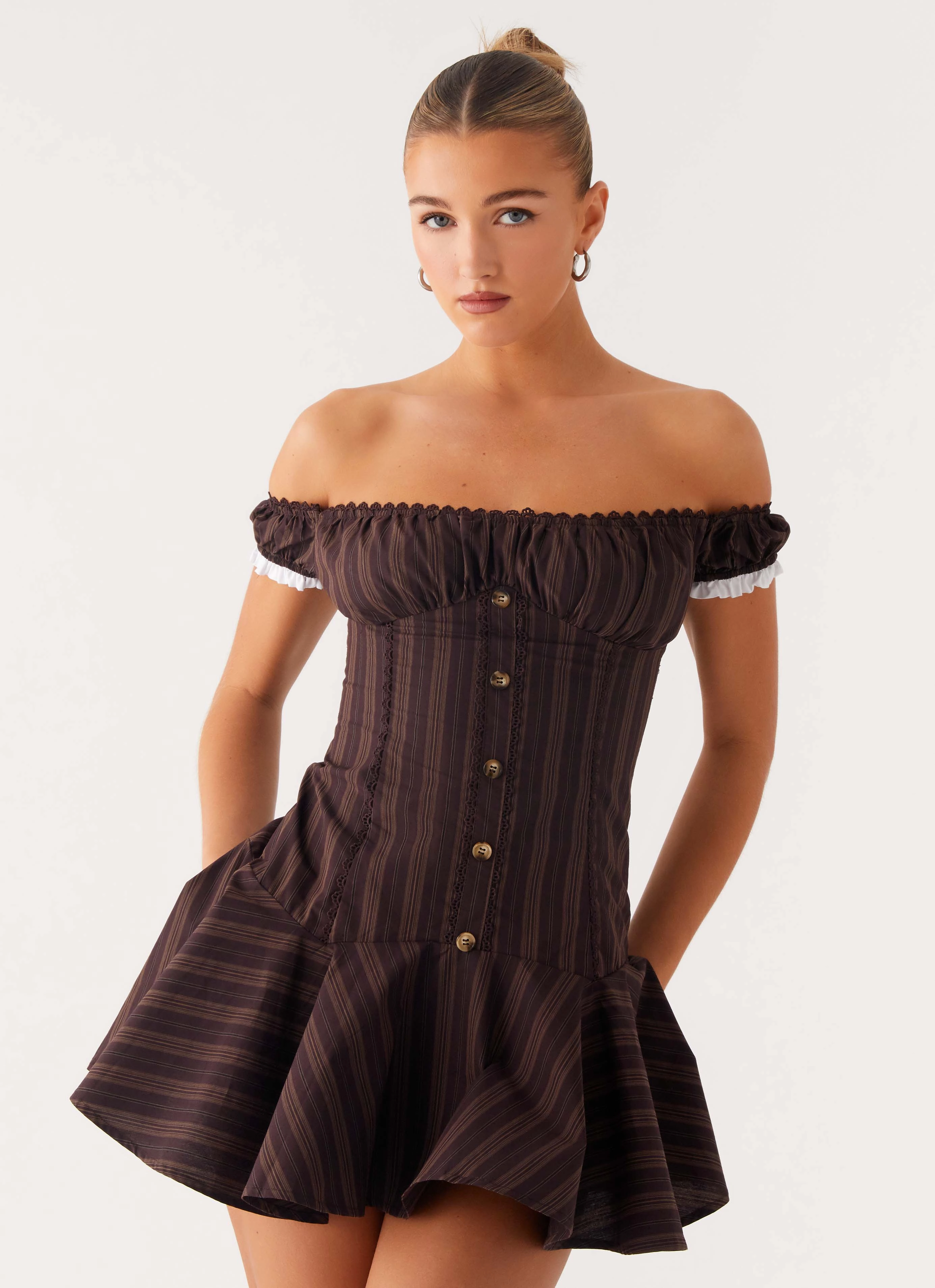 Relaxed-fit Contemporary Wear Jumana Off Shoulder Mini Dress - Toffee Stripe