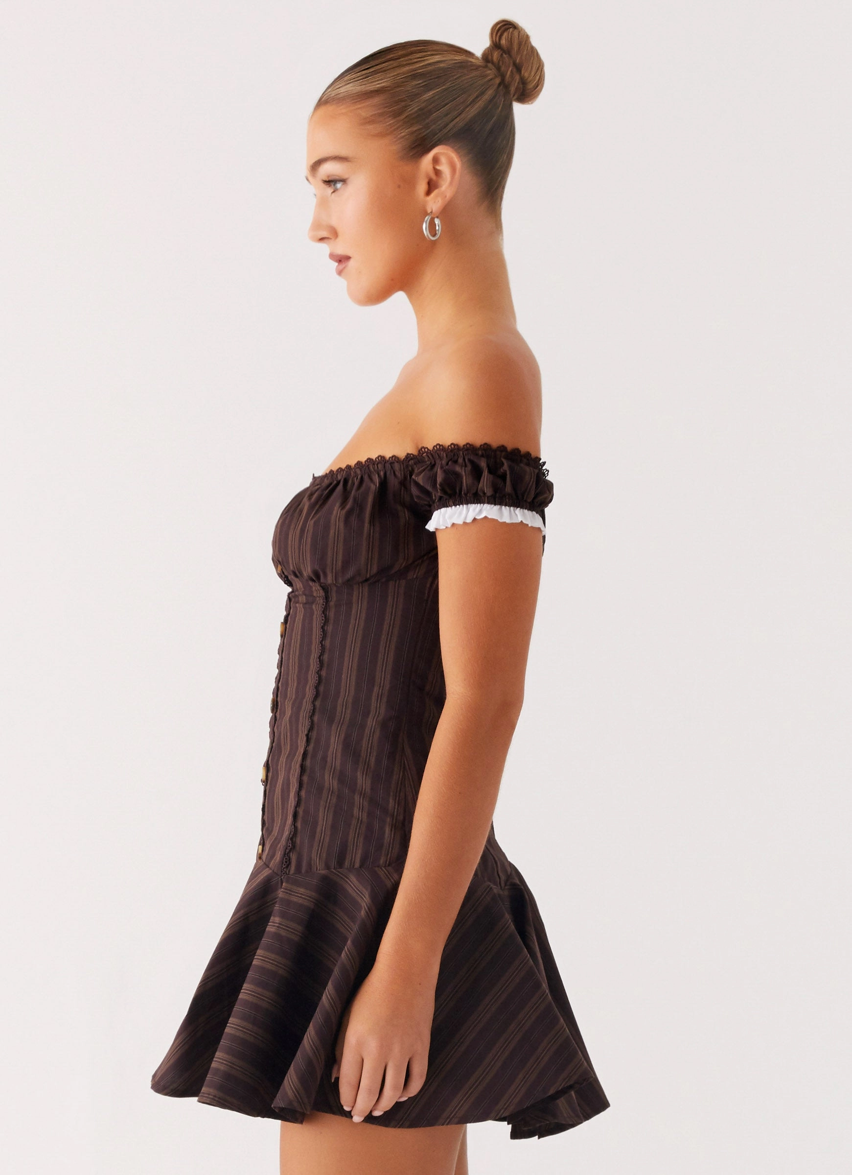 Smart Texture Sculpted Form Jumana Off Shoulder Mini Dress - Toffee Stripe