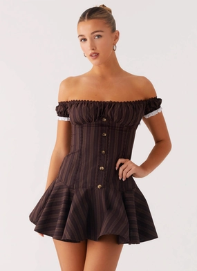 Jumana Off Shoulder Mini Dress - Toffee Stripe Sleek Touch Flattering Look