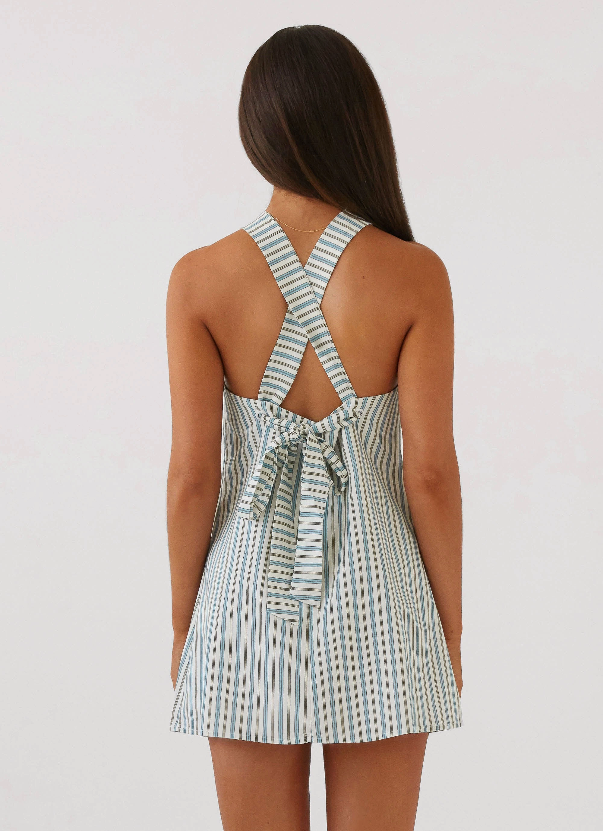 Keira Linen Mini Dress - Blue Choc Stripe Refined fit Relaxed Mood