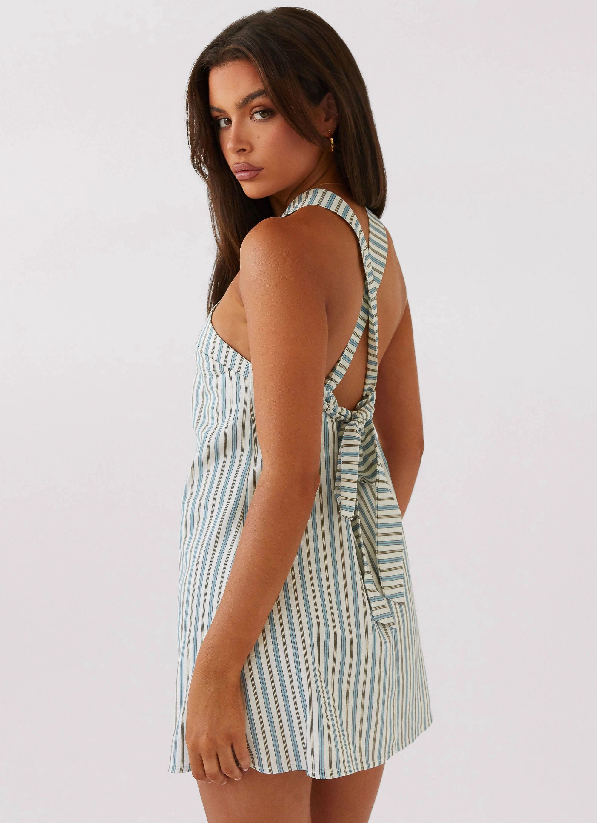 Keira Linen Mini Dress - Blue Choc Stripe City Mood Glossy-Finish