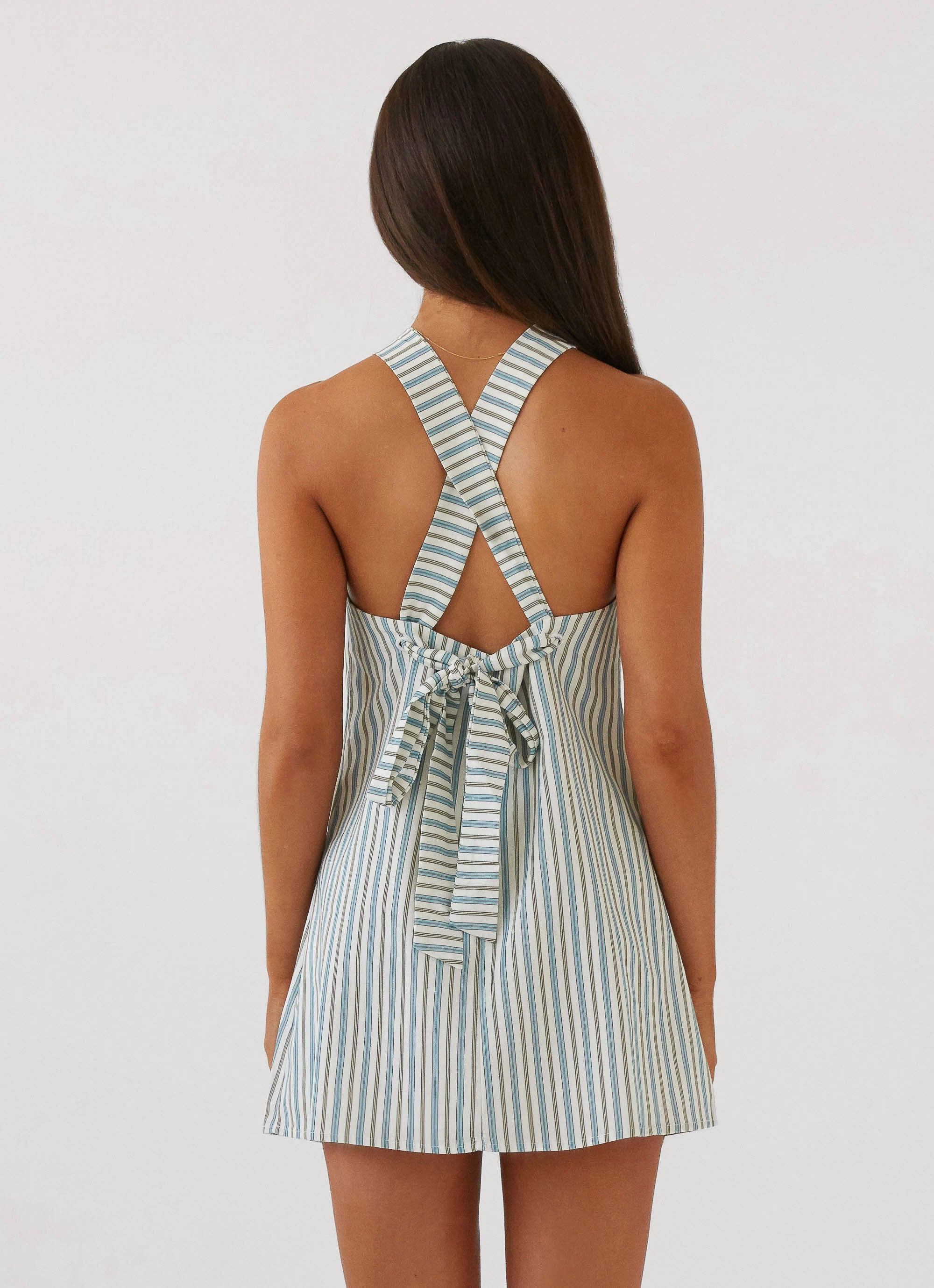 Ethically-Made Keira Linen Mini Dress - Blue Choc Stripe