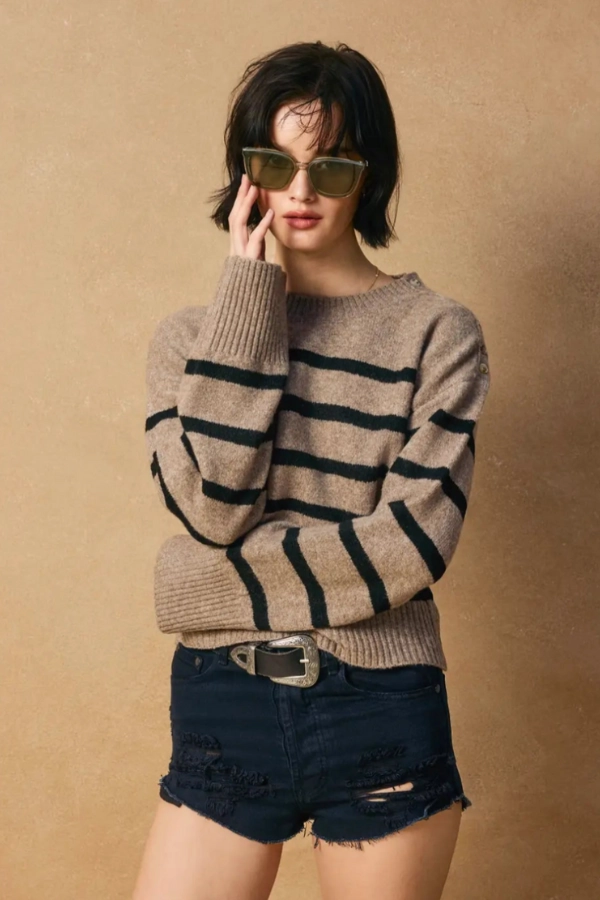 YarnDyed Stripes Friction Resistant Edges Kelly Button Striped Sweater - Mocha & Black