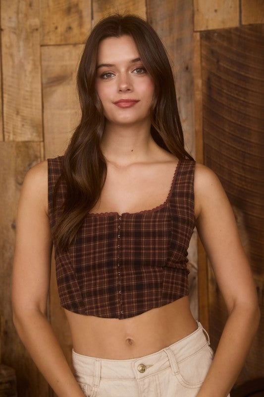 Kendall Plaid Lace Trim Cropped Corset Top Ventilated Mesh Panels