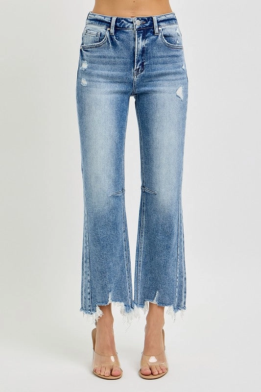 Kenny High Rise Crop Straight Distressed Hem Jeans BrushedInnerSurface Fashionable Style