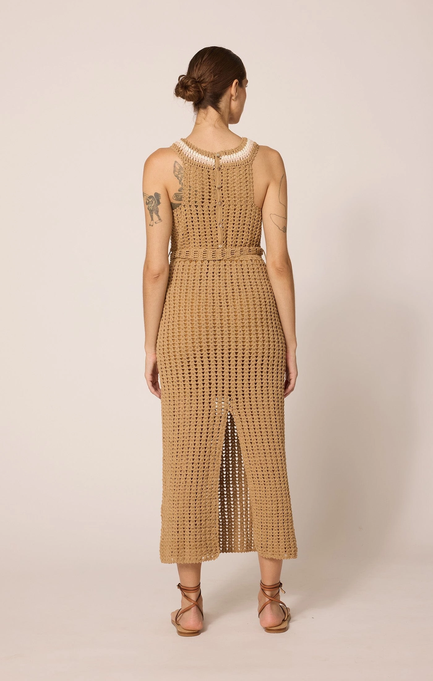 Kiana Crochet Midi Dress | Beige Dropped-Waist Bow Soft