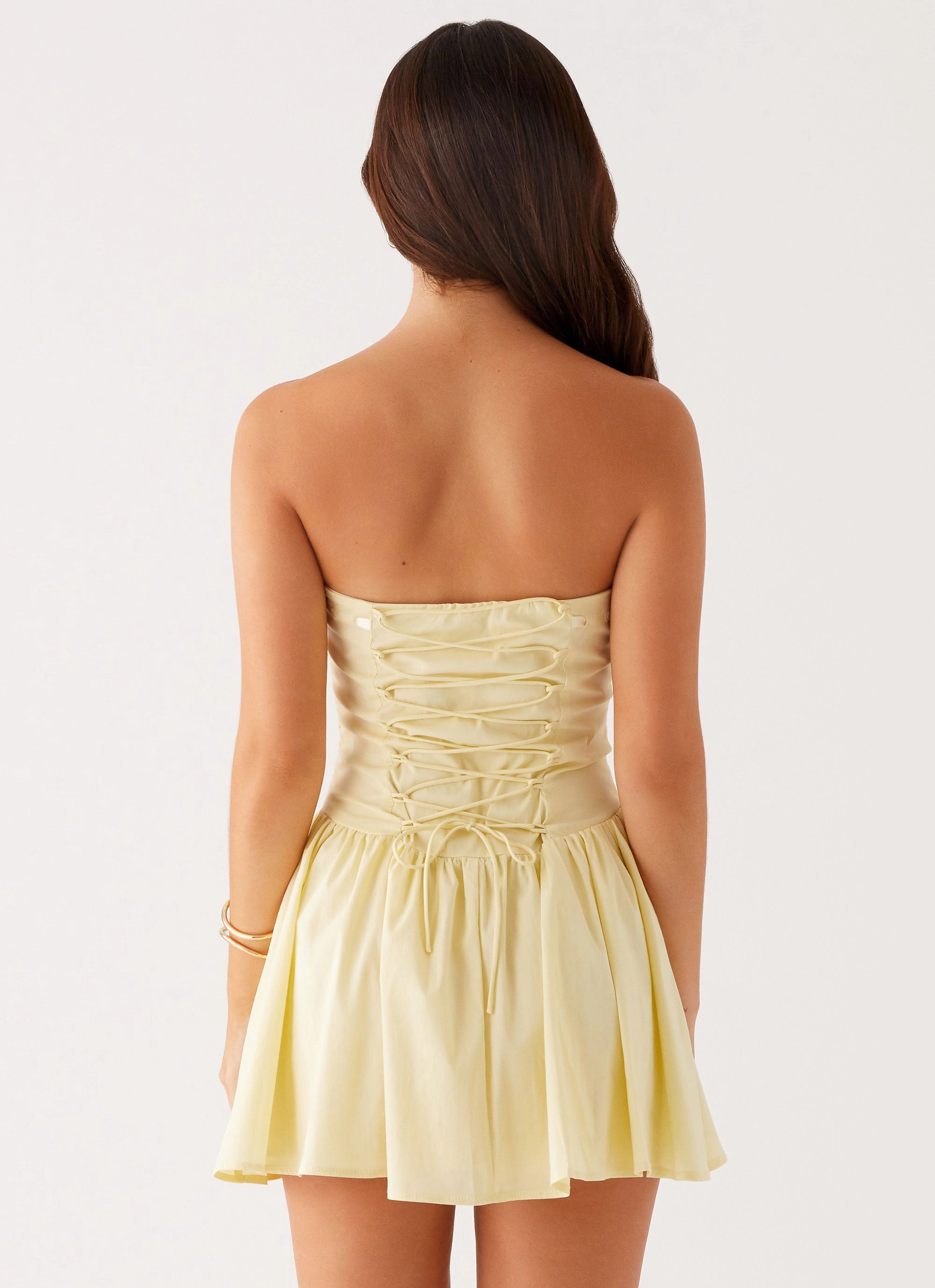 Kienna Strapless Mini Dress - Yellow Semi Sheer Blue Sky