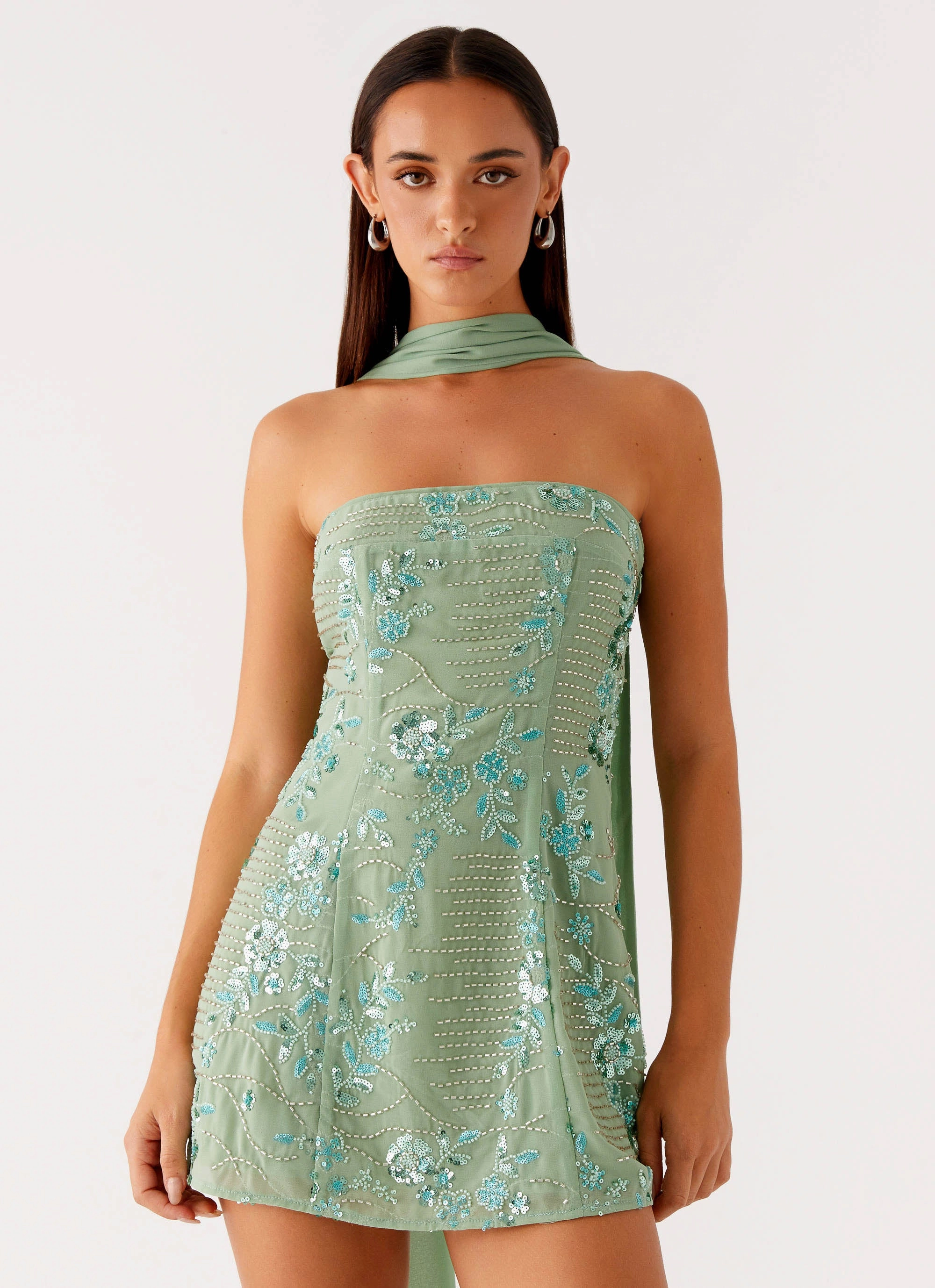 Kiesha Strapless Scarf Mini Dress - Mint Organic-Fabric Peace Glow