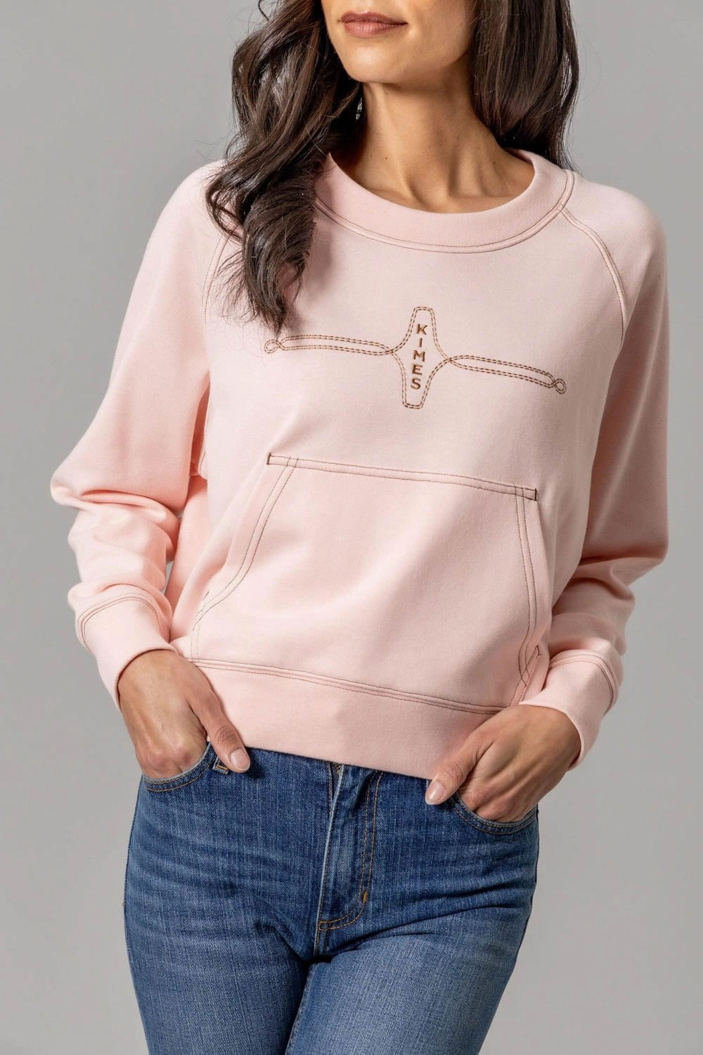 Kimes Ranch Womens Gracie Cropped Crewneck Pink Cotton Blend Sweatshirt Subtle Texture Detail Eco Friendly Knitwear