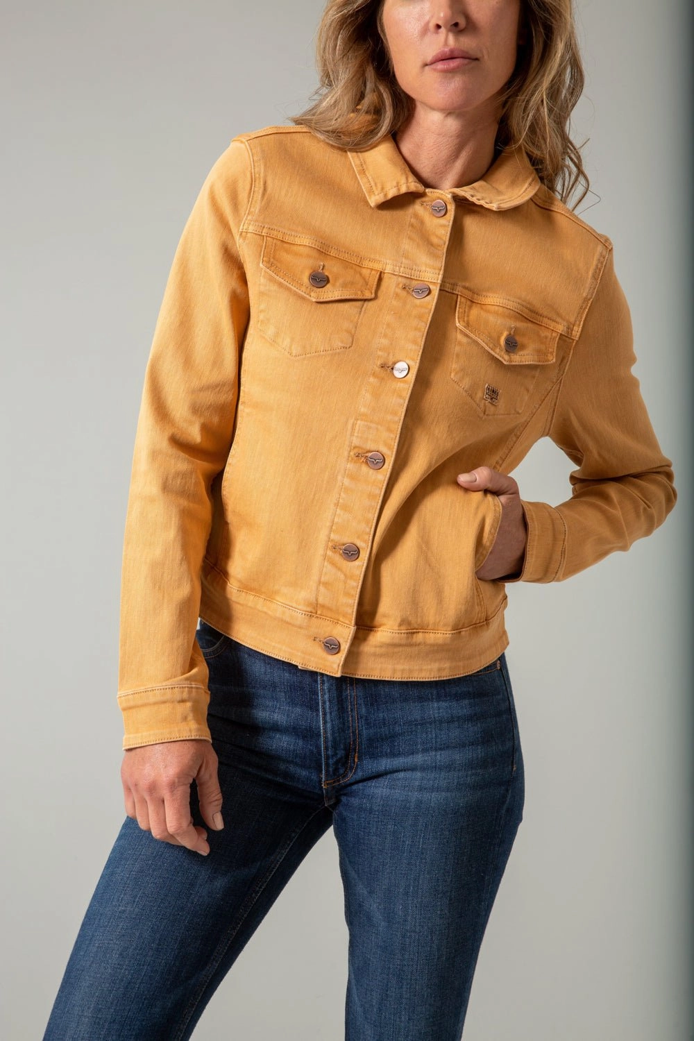 Kimes Ranch Womens Winslow Trucker Gold Earth 100% Cotton Jacket Tear Resistant Knit Clean Fit Design