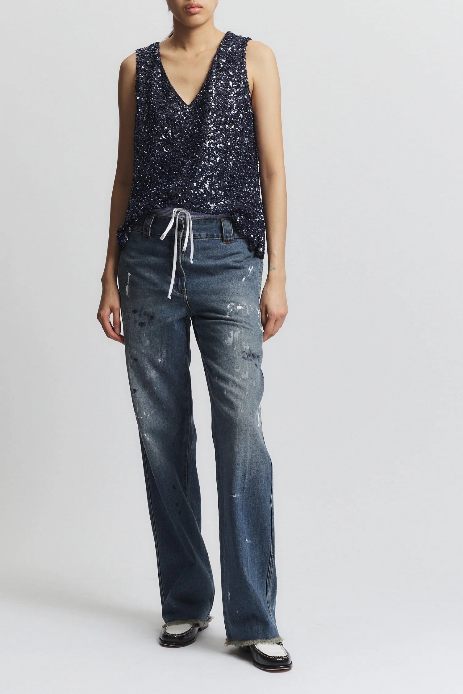 All Purpose Casual Cut Full Coverage Fit Kinley Beaded Top in Navy