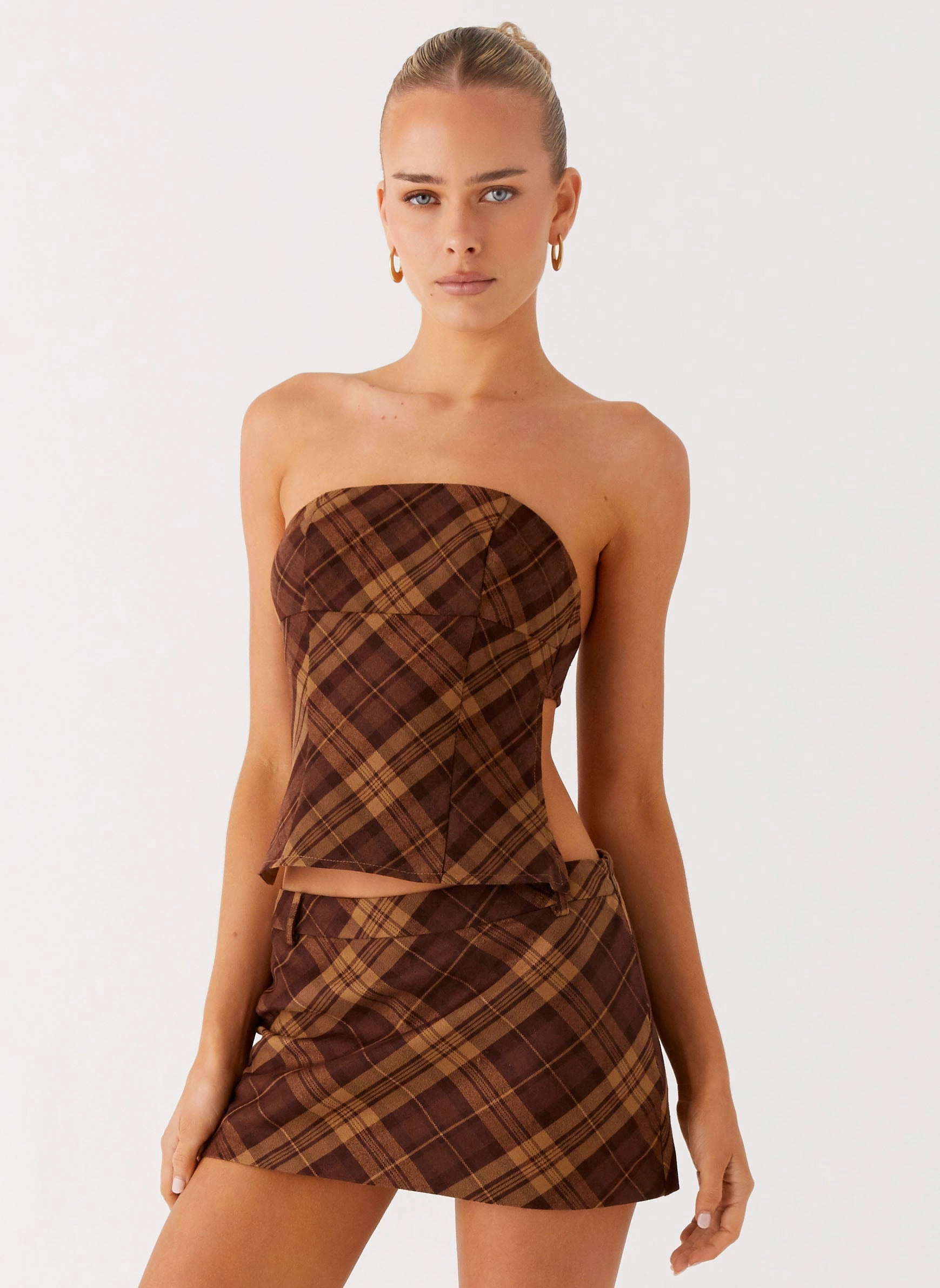 Kira Strapless Top - Plaid Hidden Zipper Pocket