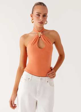 Double Needle Hemming Lightweight Kirra Halter Top - Peach