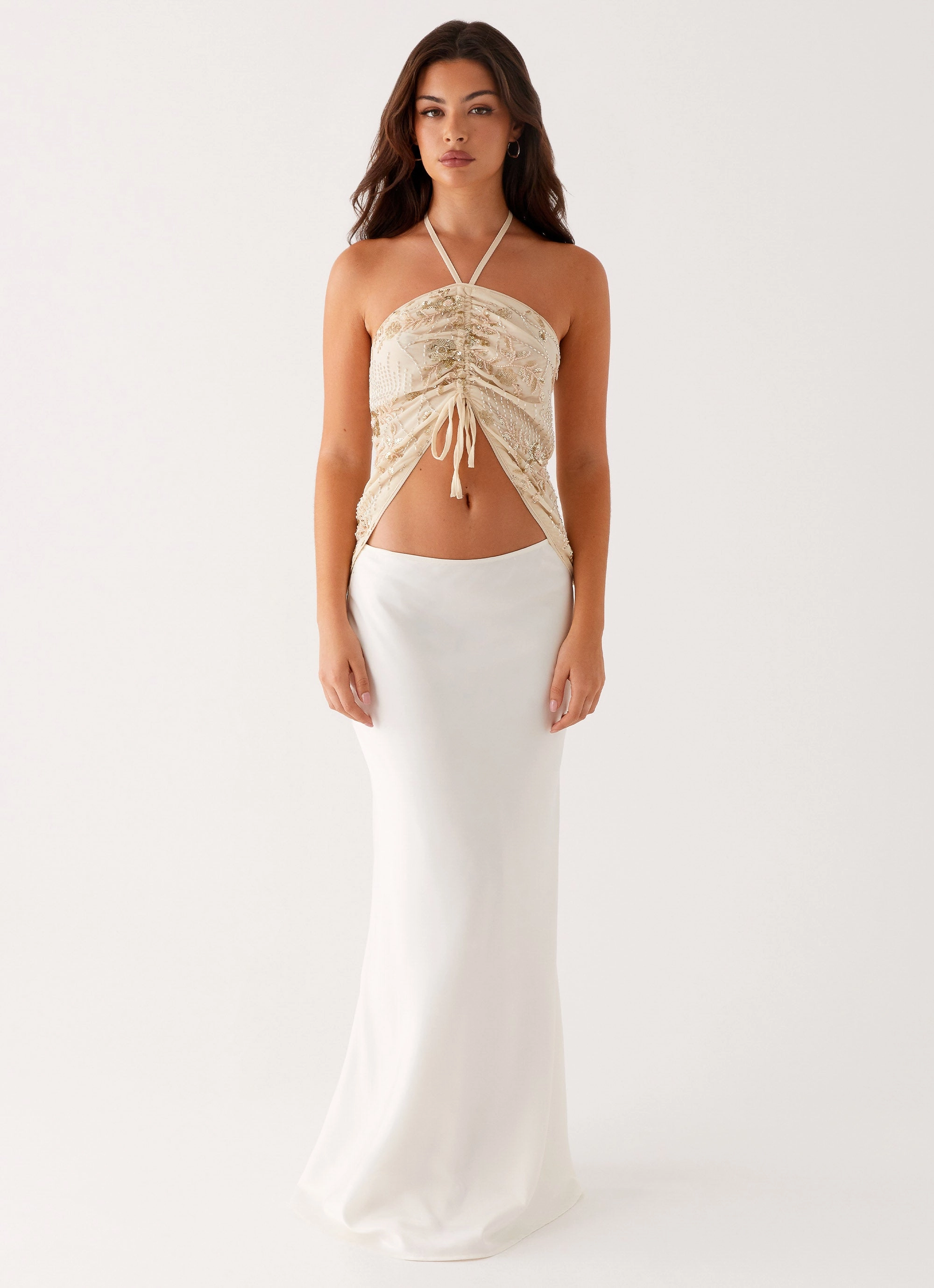 AdjustableClosure Low Profile Zipper Closure Kirrily Beaded Halter Top - Ivory