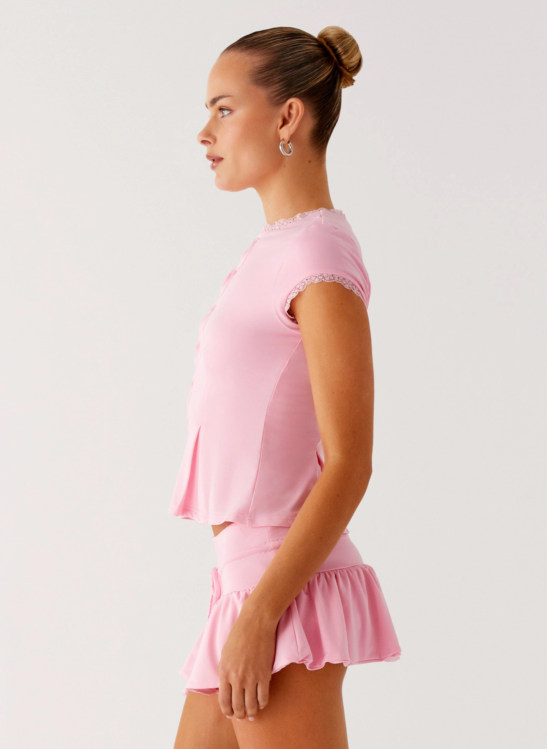 Curved Hem Design Landon Button Up Top - Pink