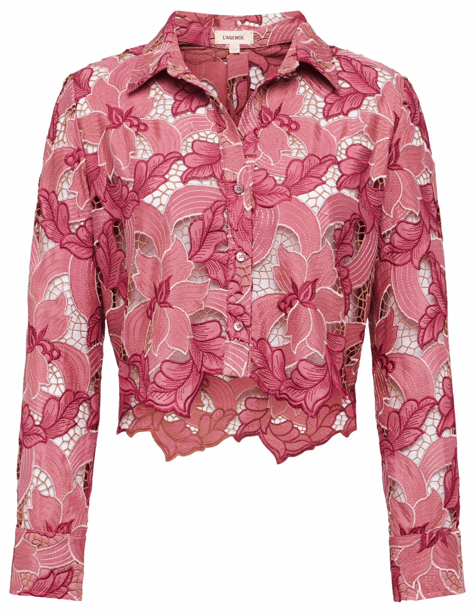 HighDurabilityWeave L'AGENCE Akemi Lace Cropped Blouse in Mauve Multi Eyelet