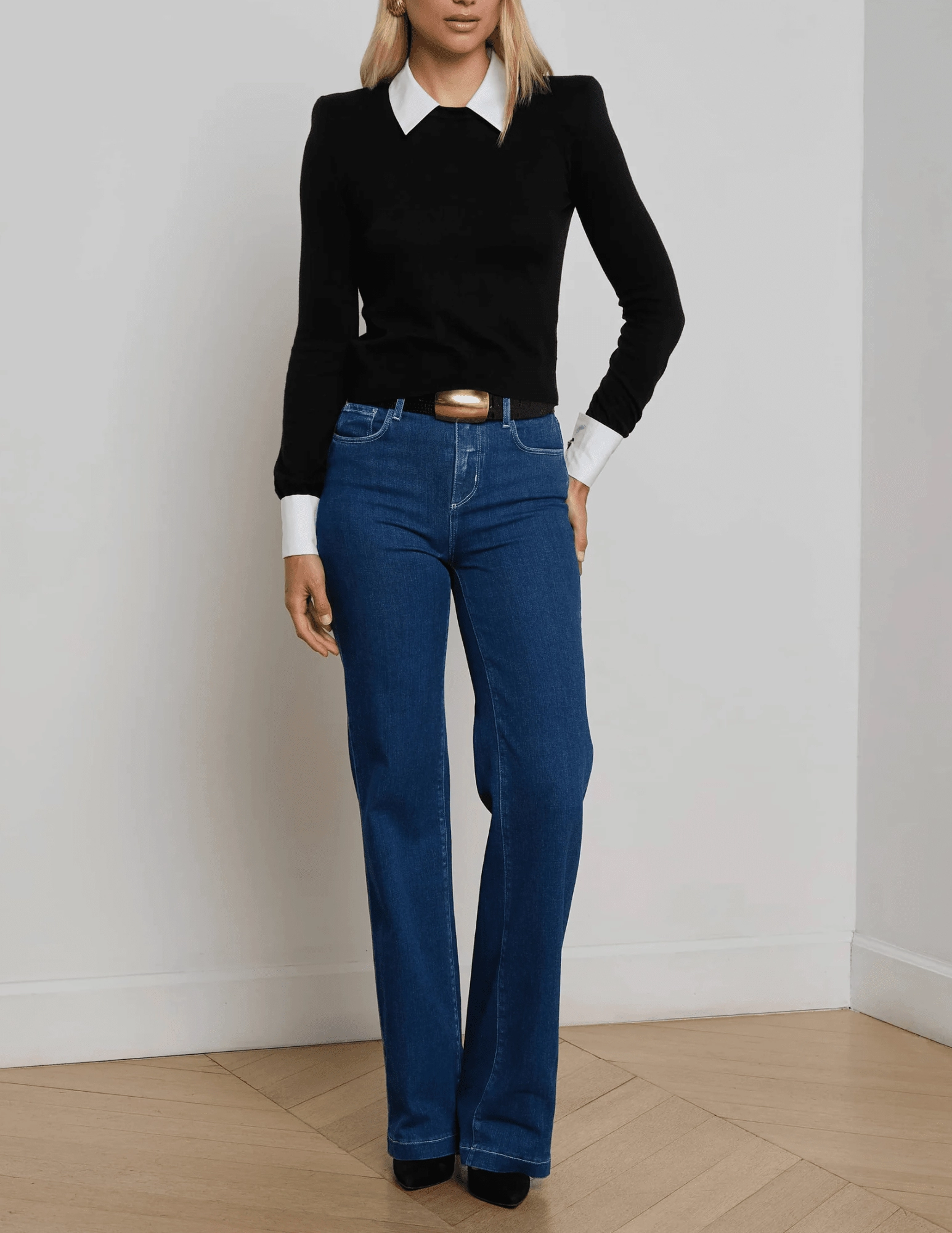 L'AGENCE April Poplin Collar Sweater Stretch Fabric Flexible Waistband