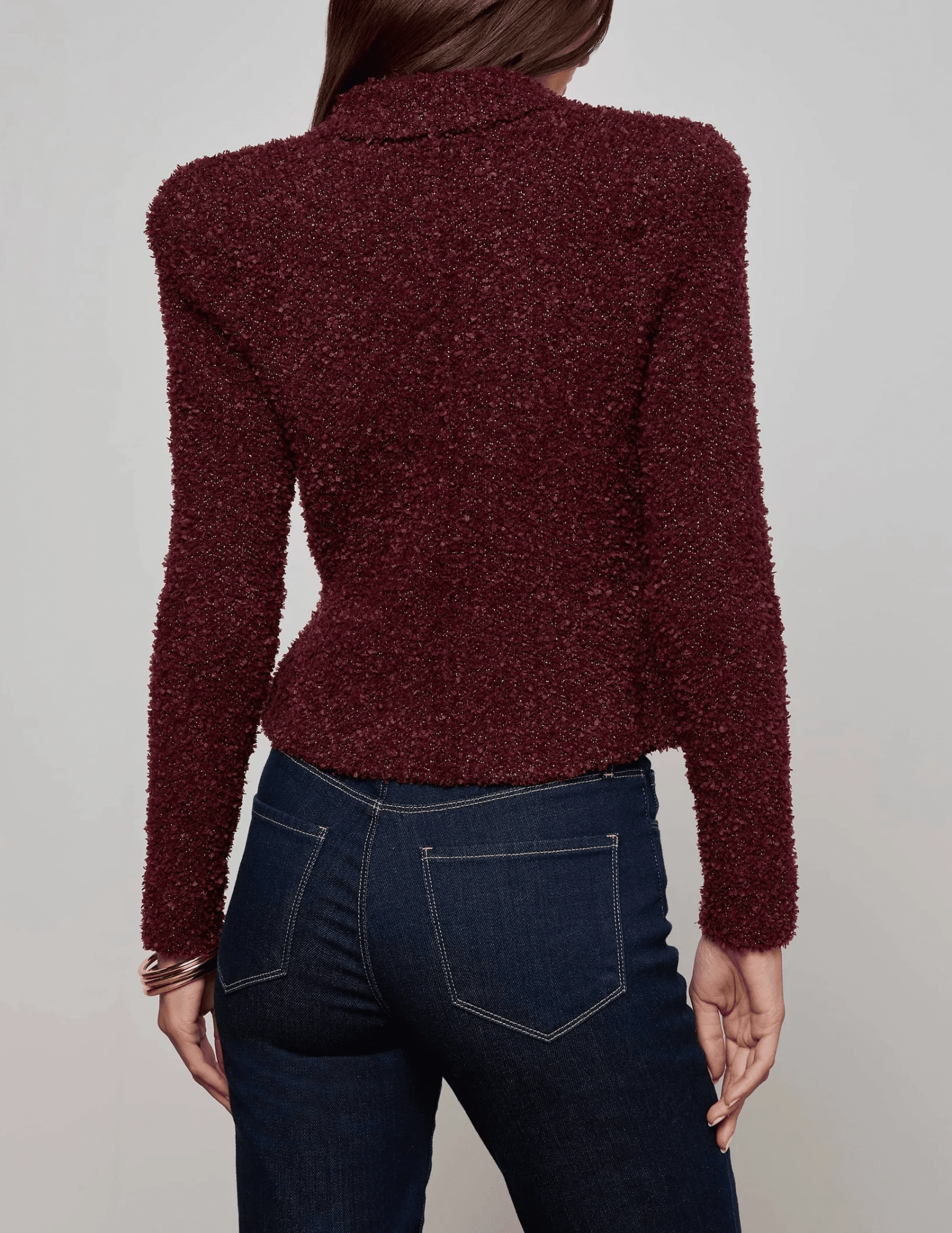 Wardrobe Essential Snag Free Fabric L'AGENCE Bethany Knit Tapered Blazer in Dark Syrah Gold