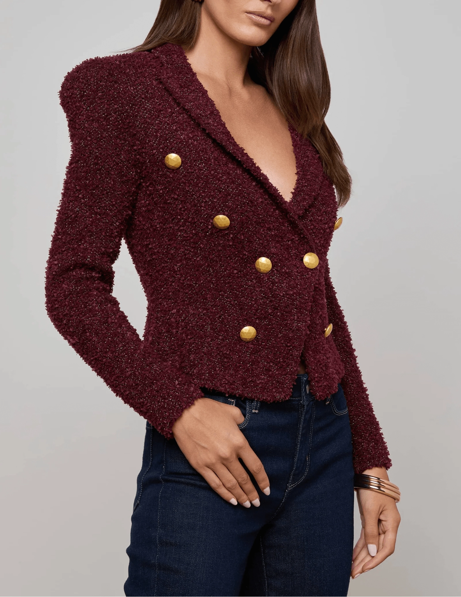 Anti Cling Finish LightweightComfort L'AGENCE Bethany Knit Tapered Blazer in Dark Syrah Gold
