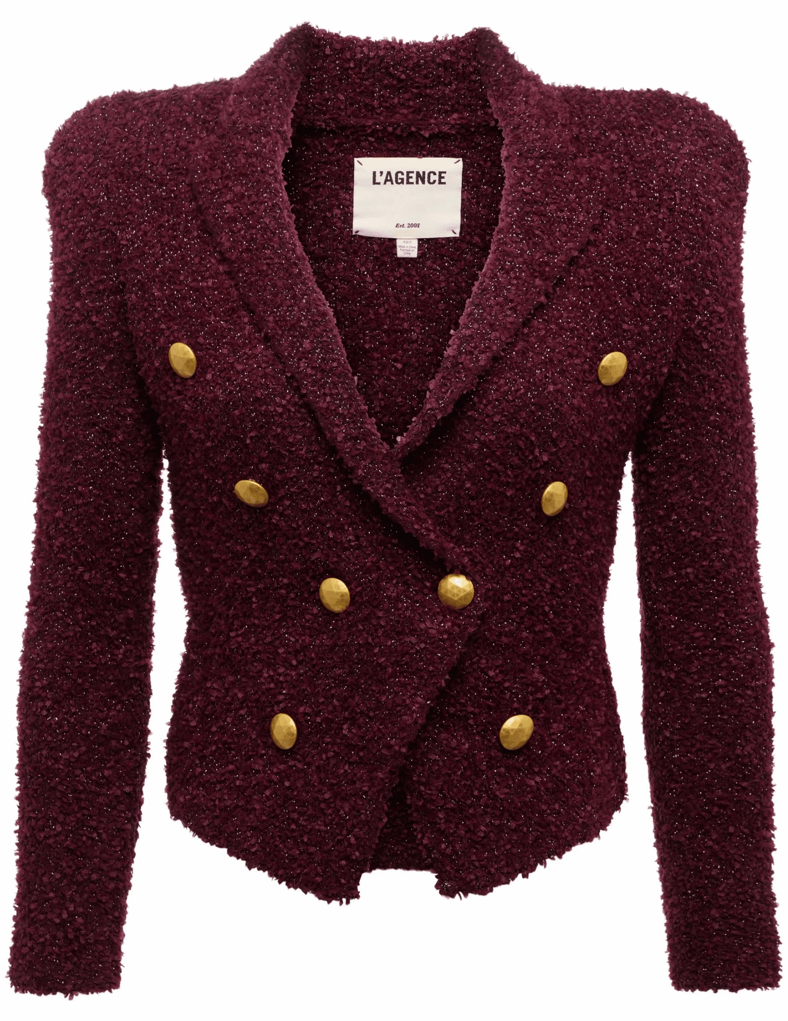 L'AGENCE Bethany Knit Tapered Blazer in Dark Syrah Gold Minimal Vibe Tapered Leg Design