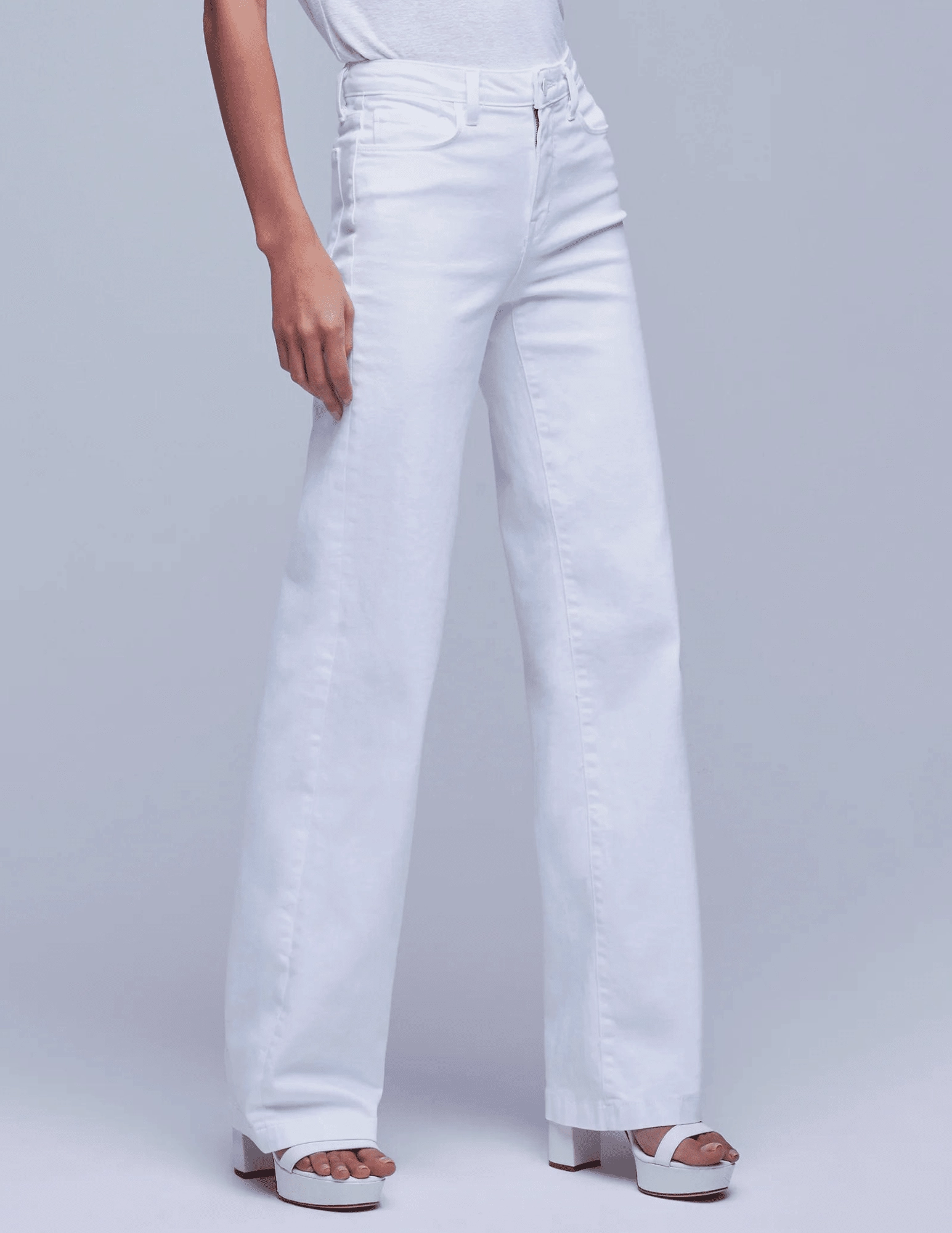 Double Stitched L'Agence Clayton High Rise Wide Leg Jean In Blanc In Blanc