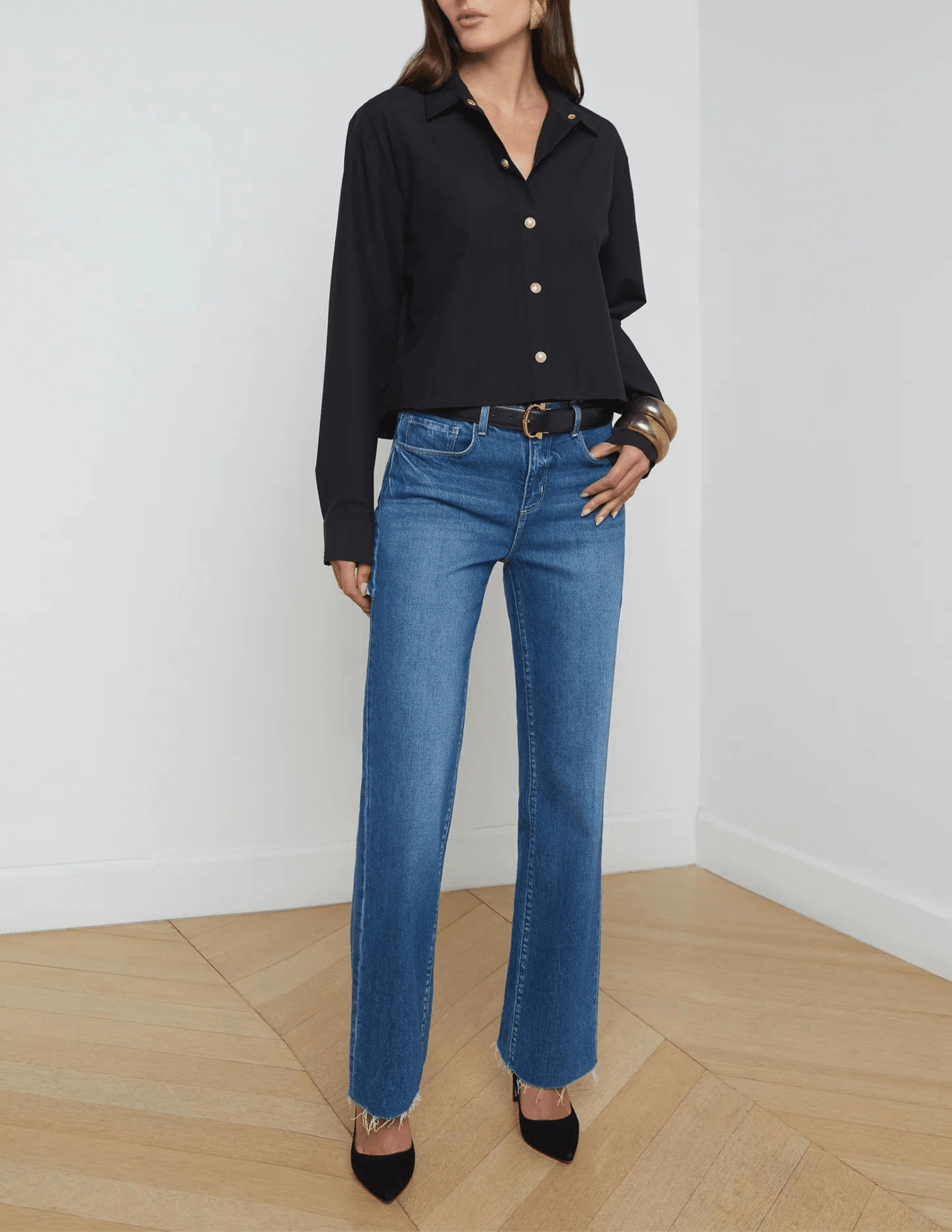 Simple Cut Grid Texture Fabric L'Agence Cosette Cropped High Low Blouse