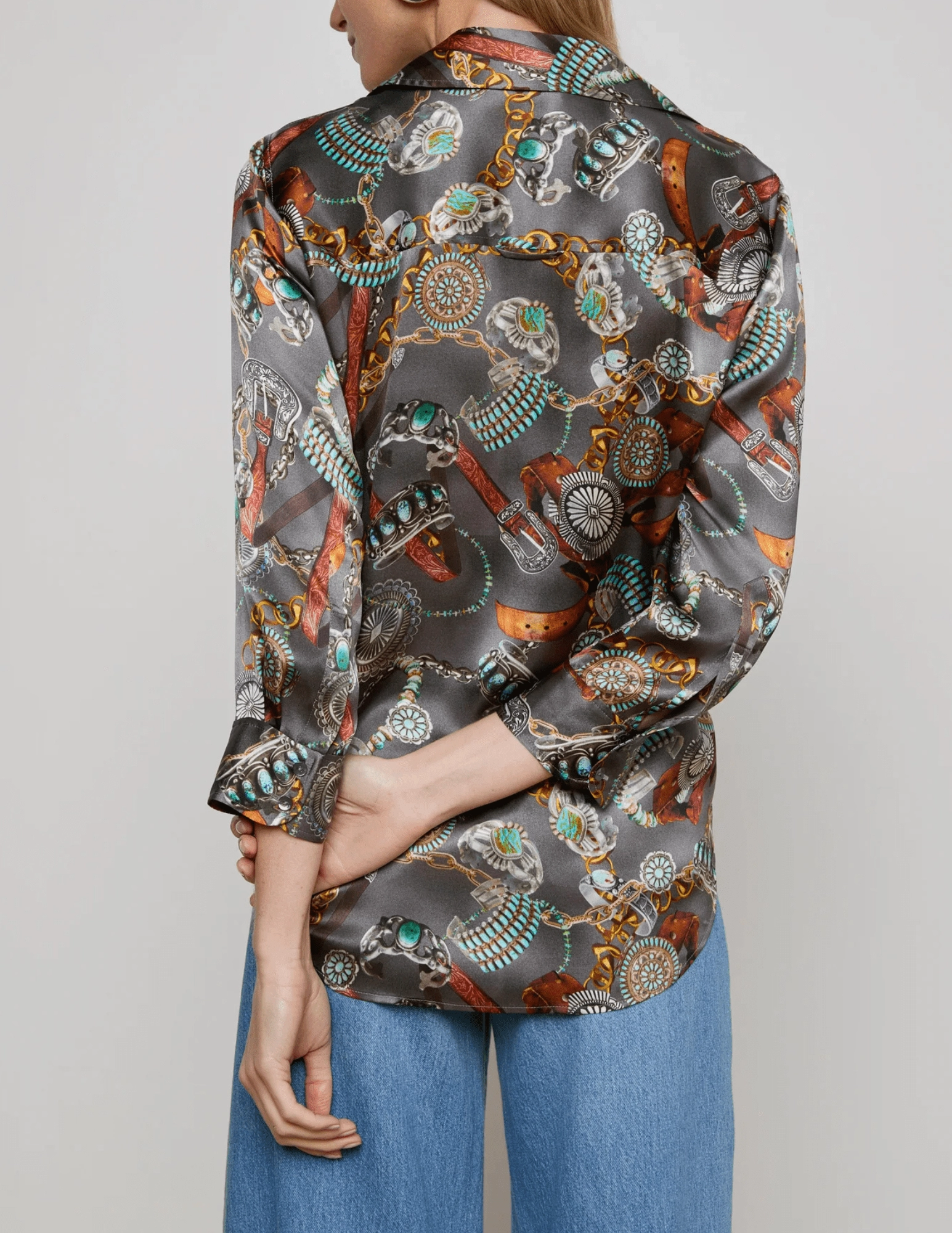 L'AGENCE Dani Three Quarter Sleeve Blouse in Multi Western Belt Quick Access Slit Oversized Fit