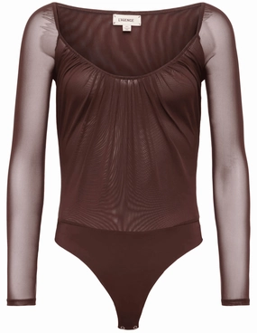 L'AGENCE Gwendolyn Mesh Long Sleeve Bodysuit in Chocolate Everyday Must-have Light Fabric