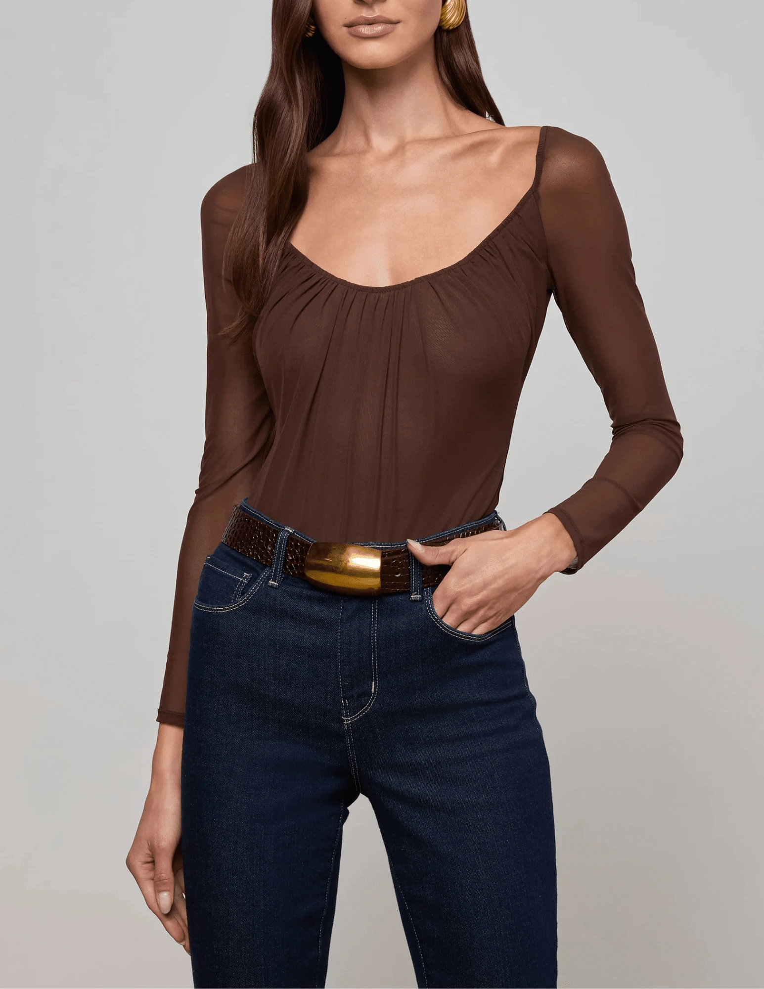 Chic Look L'AGENCE Gwendolyn Mesh Long Sleeve Bodysuit in Chocolate