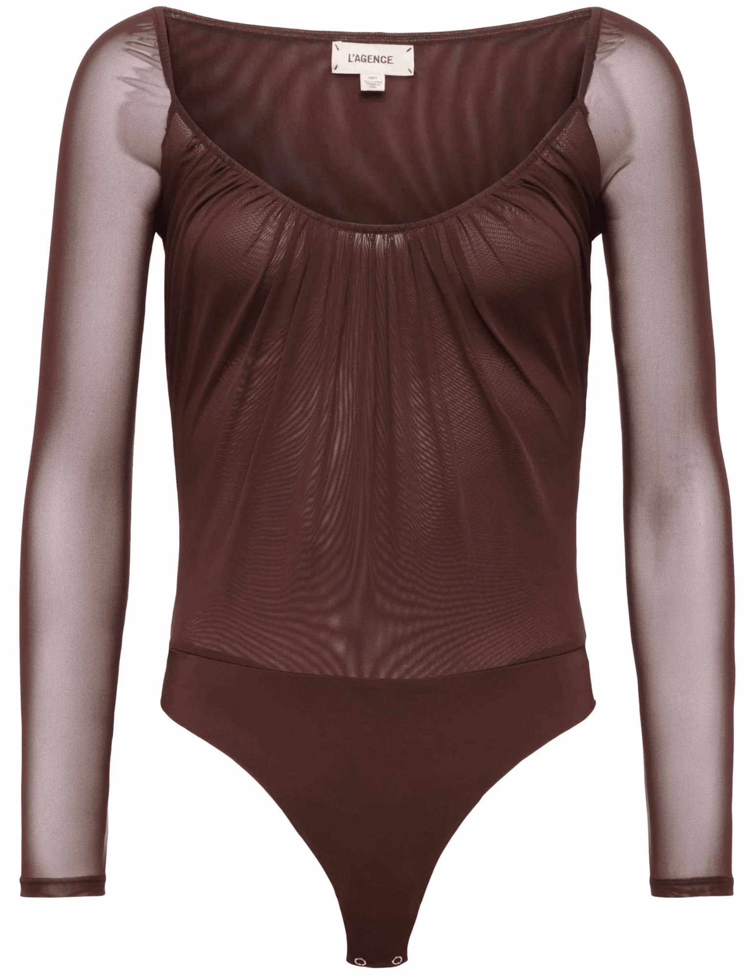 L'AGENCE Gwendolyn Mesh Long Sleeve Bodysuit in Chocolate High Density Weave