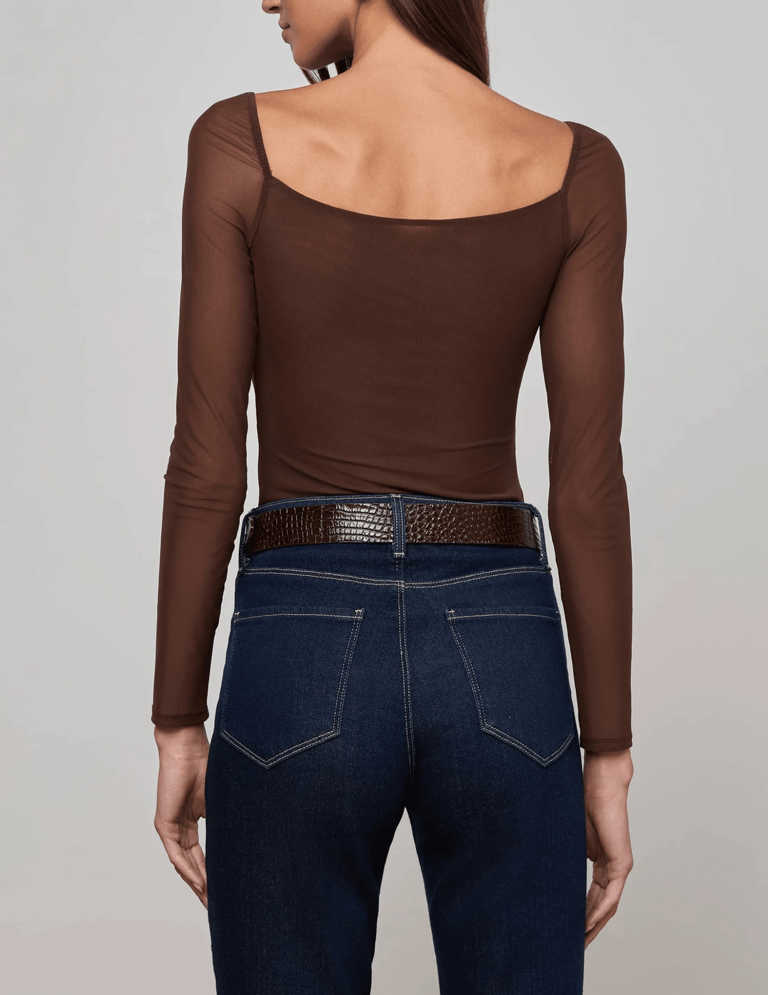 L'AGENCE Gwendolyn Mesh Long Sleeve Bodysuit in Chocolate AntiFade Treatment QuickRelease