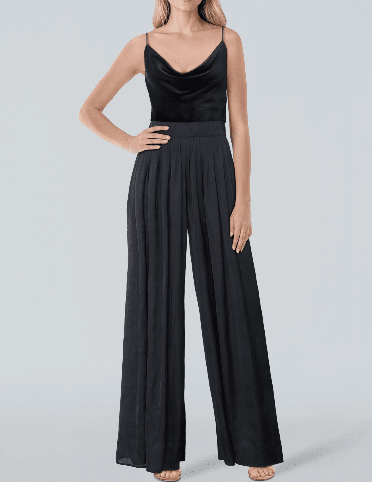 L'AGENCE Haylo Wide Leg Satin Pant in Black WaterRepellentCoating