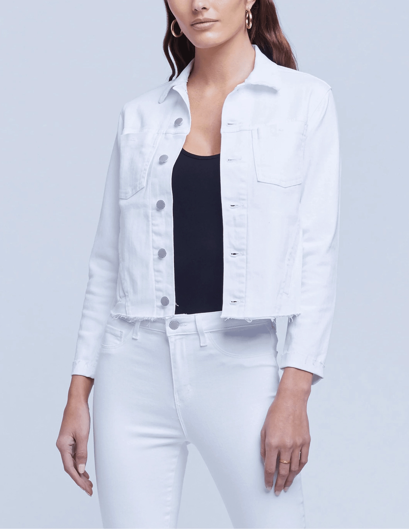 Layered Collar L'AGENCE Janelle Slim Raw Jacket in Blanc