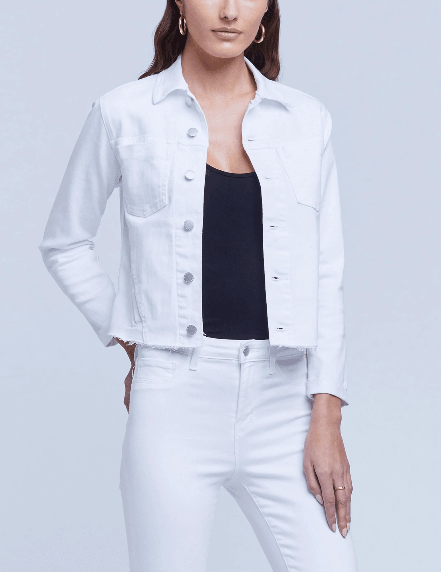 L'AGENCE Janelle Slim Raw Jacket in Blanc Secure Closure Systems Transitional City Fit