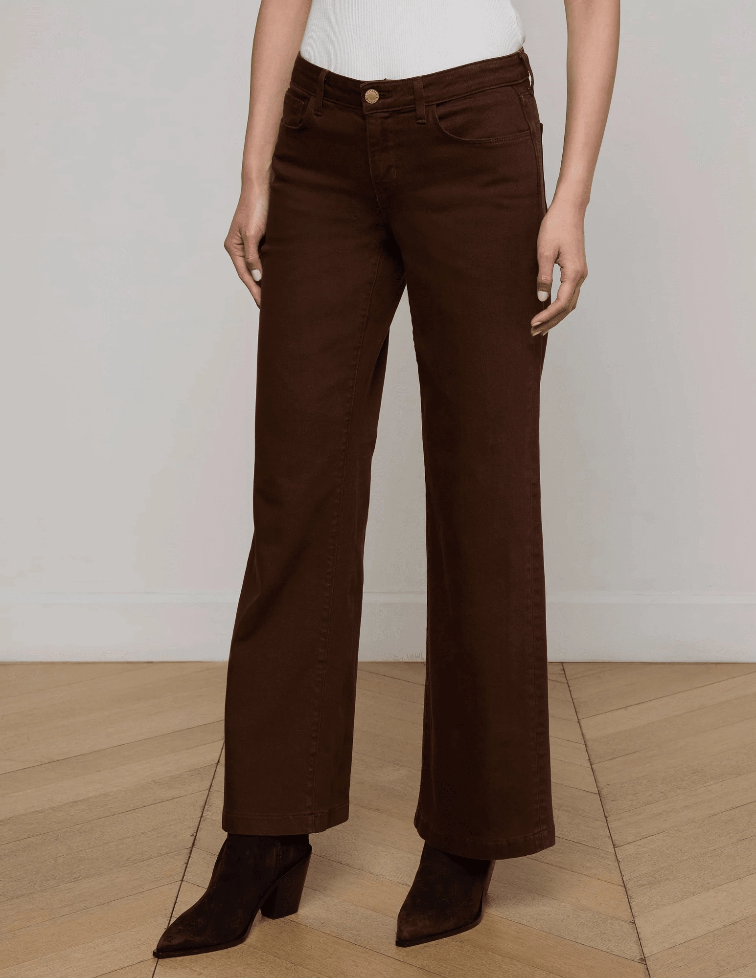 Function Ready Professional Wear Urban Explorer L'AGENCE Joanne Low Rise Wide Leg Jeans in Brown