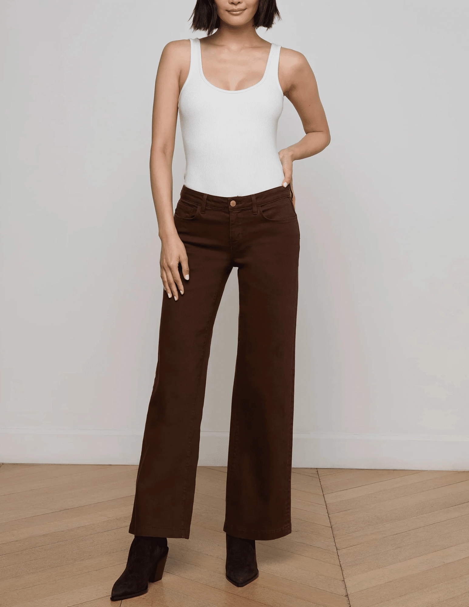 Work Ready L'AGENCE Joanne Low Rise Wide Leg Jeans in Brown