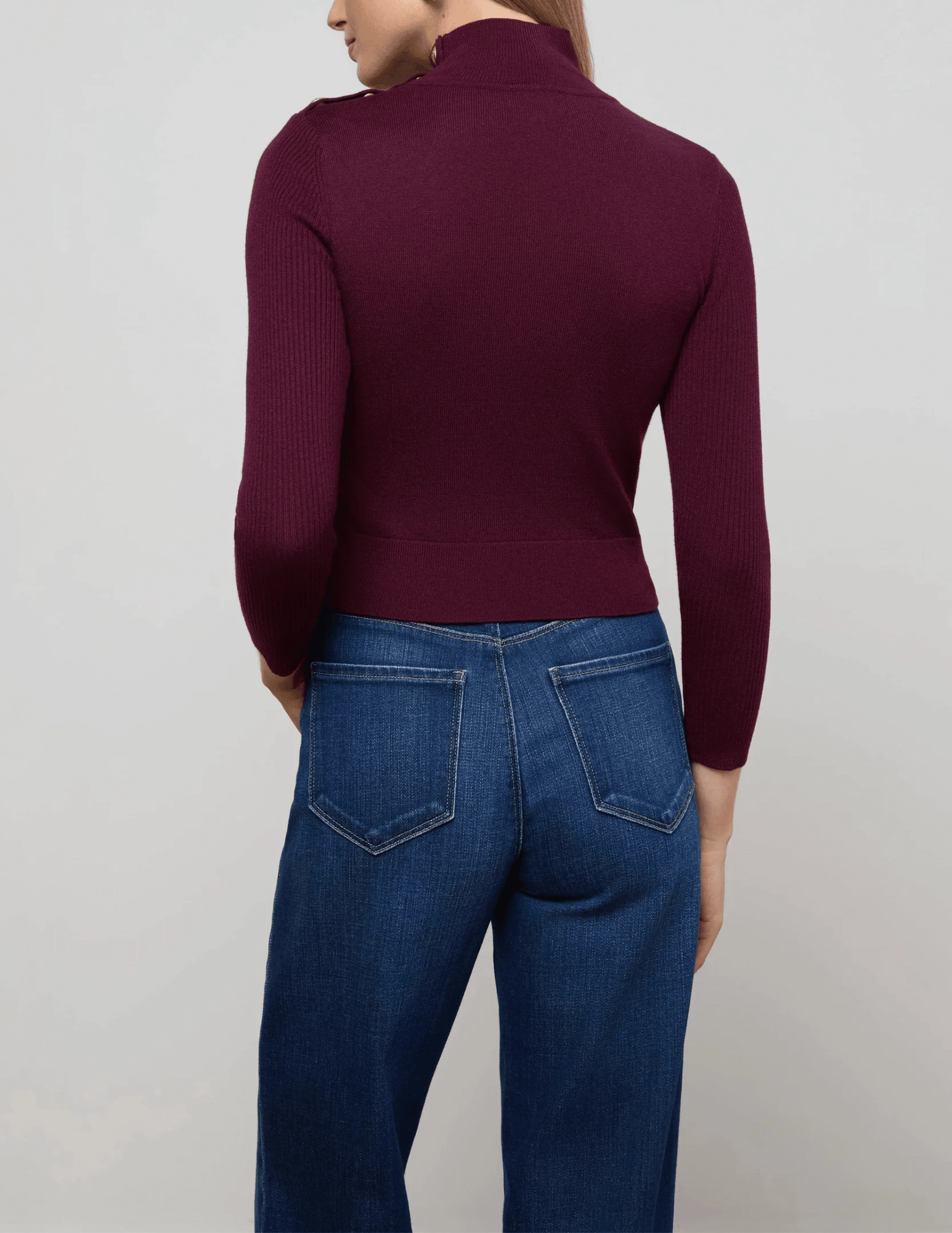 L'AGENCE Kamdyn Snap Button Mock Neck Sweater in Dark Port Versatile Layering Cut