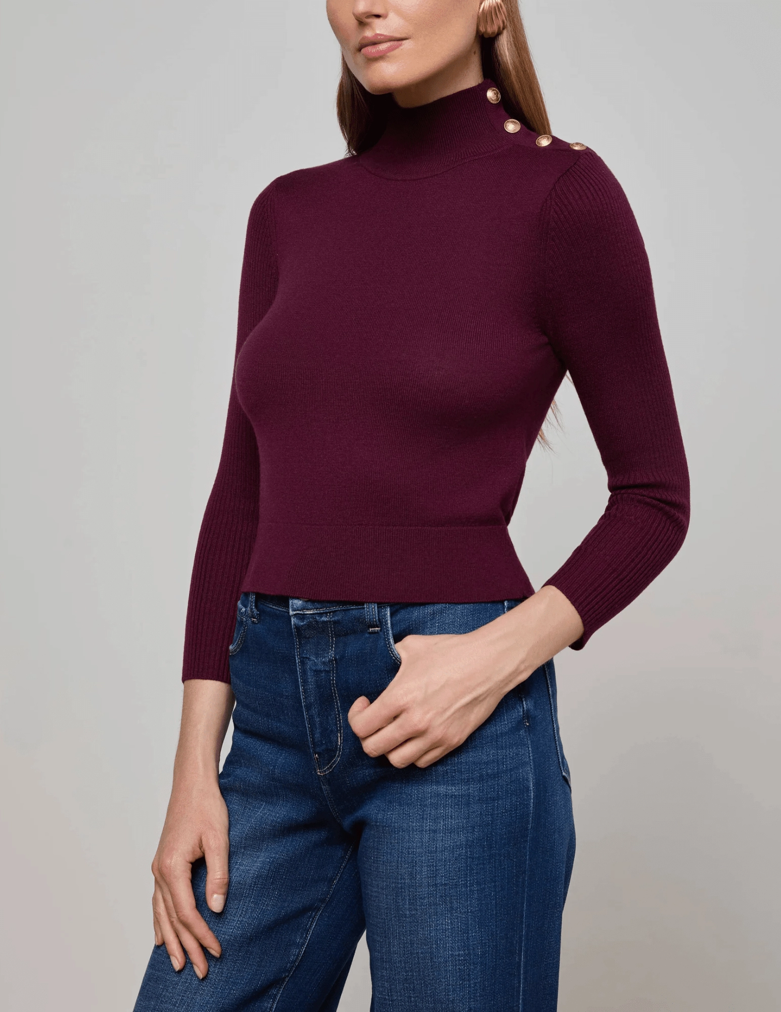 Winter Ready Look Effortless knitwear L'AGENCE Kamdyn Snap Button Mock Neck Sweater in Dark Port