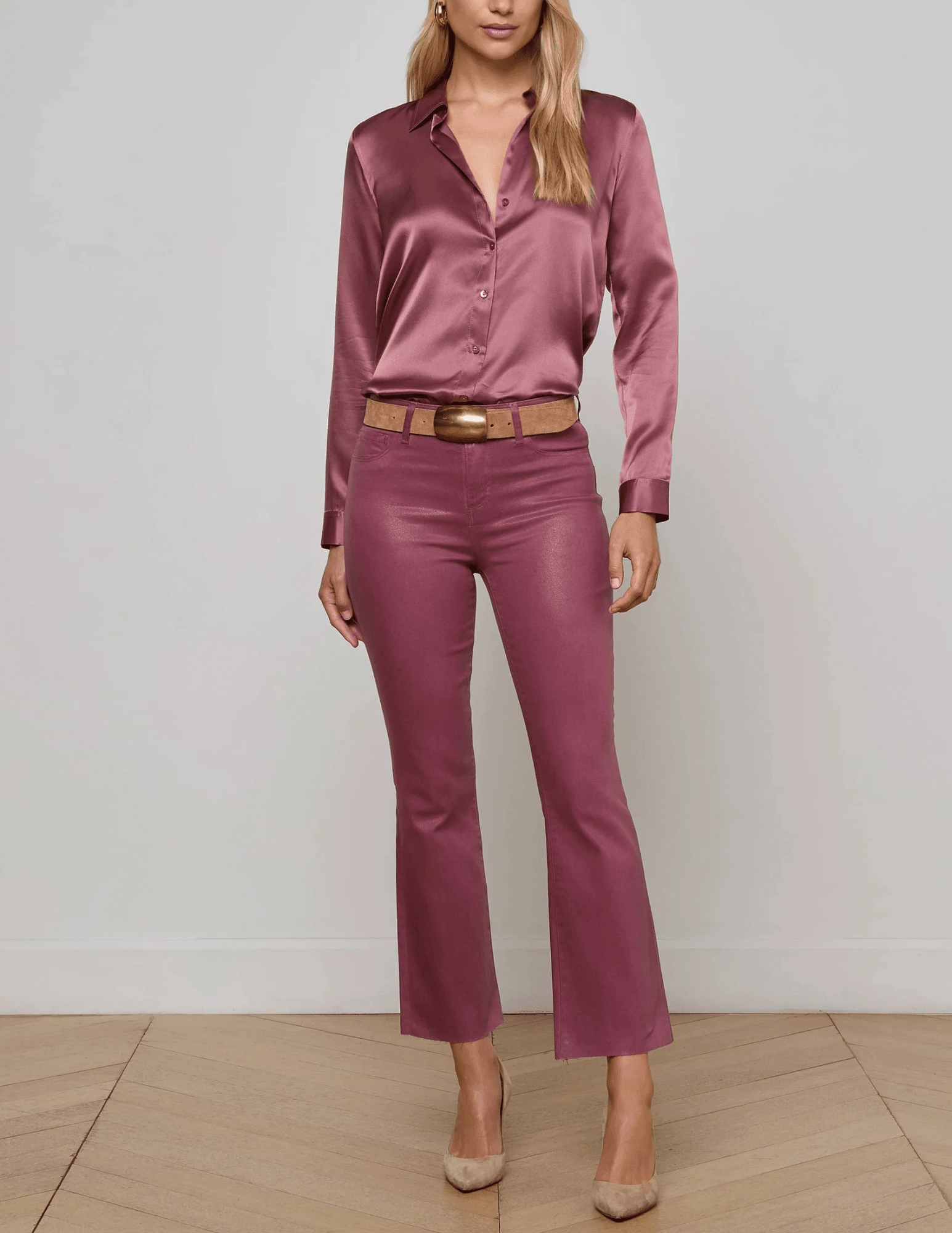 Anti Sagging Technology High Quality Classic Wear Earthy L'AGENCE Kendra High Rise Cropped Coated Jeans in Deep Mauve