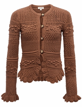 Essential Knit L'AGENCE Kiva Open Stitch Ruffle Cardigan in Dark Cinnamon