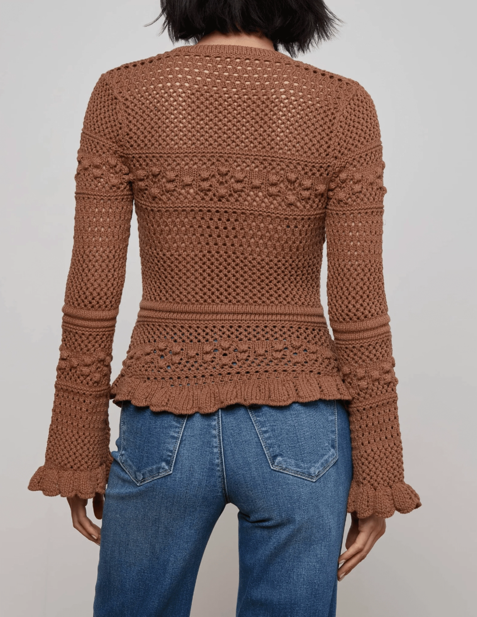 L'AGENCE Kiva Open Stitch Ruffle Cardigan in Dark Cinnamon Seasonal Layer