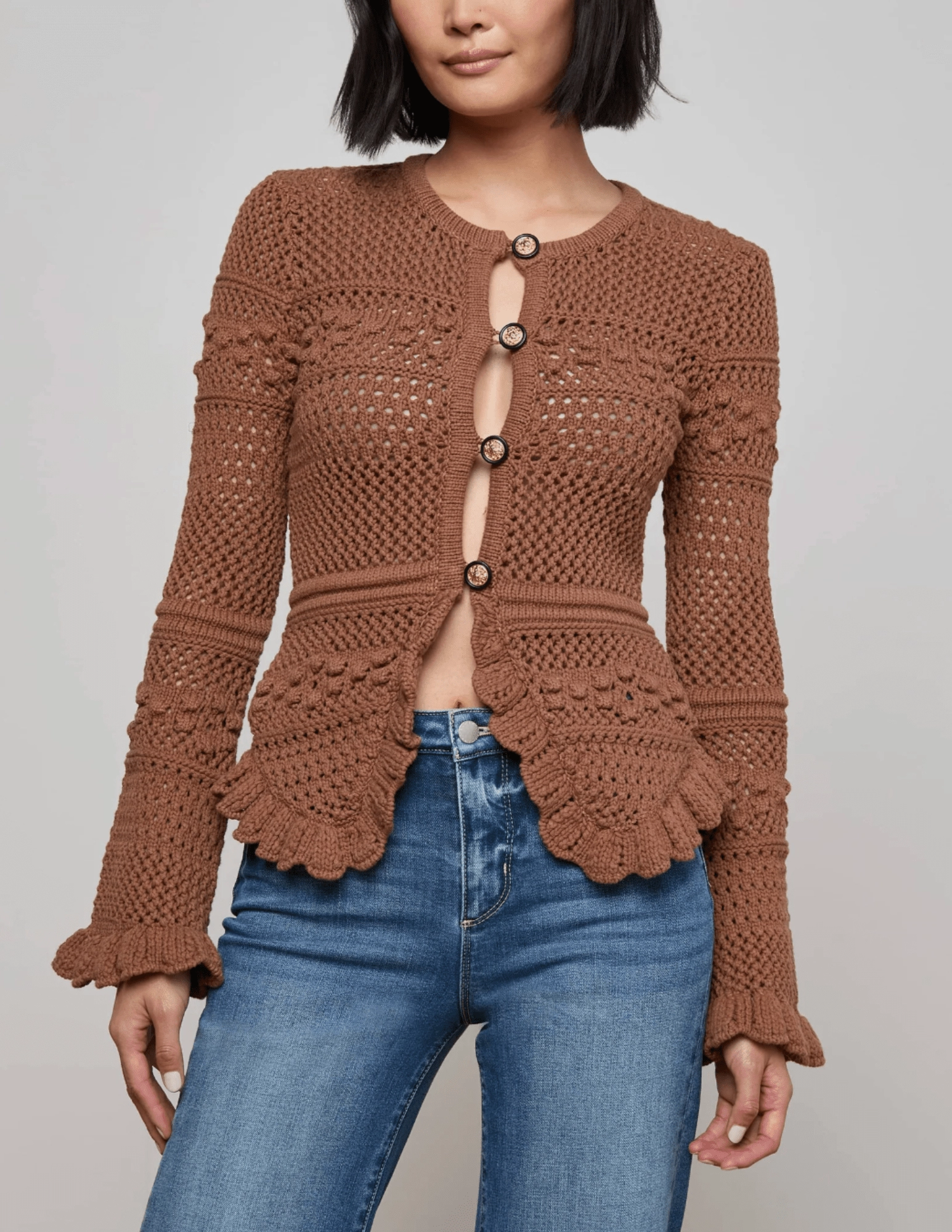 Warm Layer Sustainable Sourcing Certified L'AGENCE Kiva Open Stitch Ruffle Cardigan in Dark Cinnamon