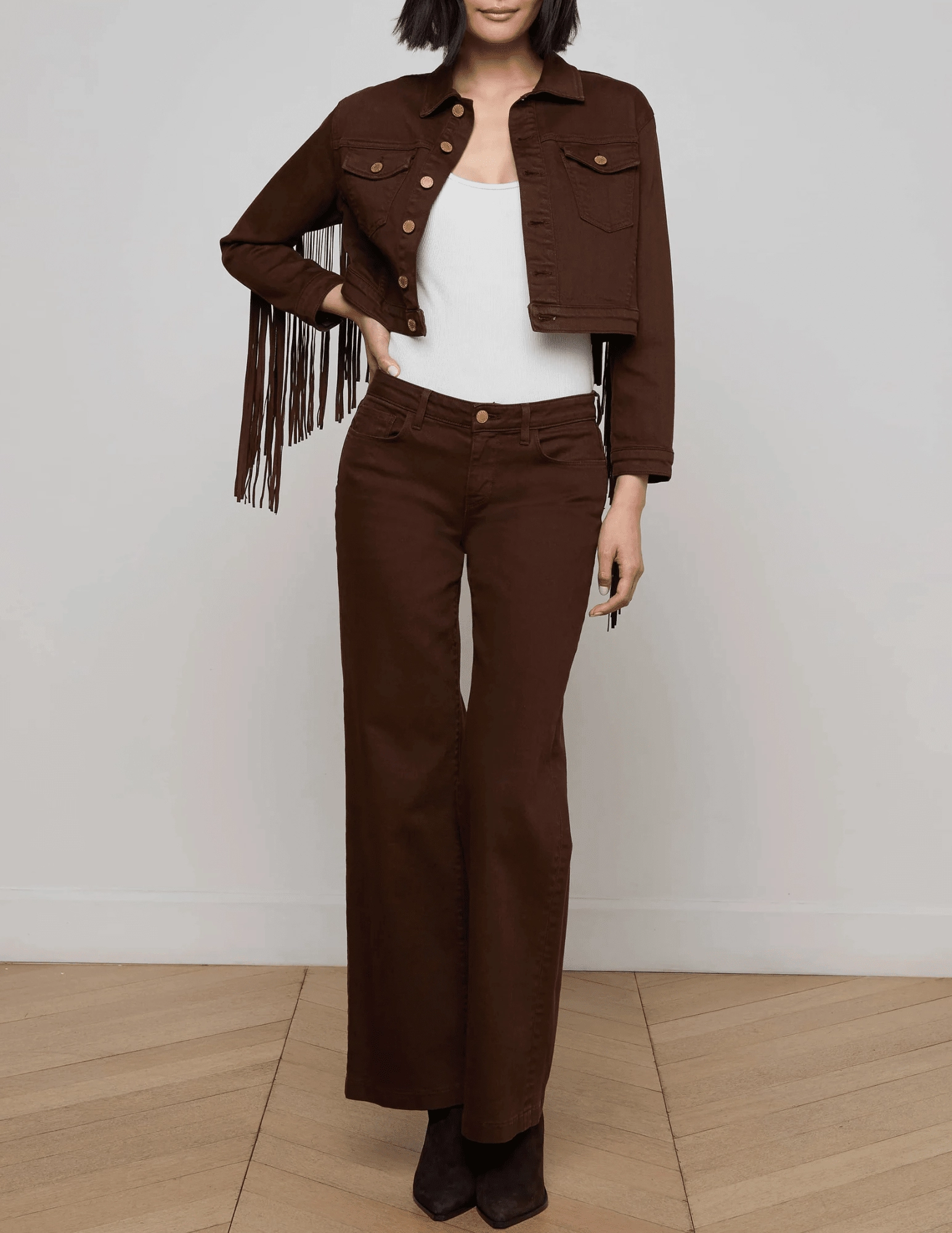 L??AGENCE Koda Fringed Cropped Denim Jacket understated look