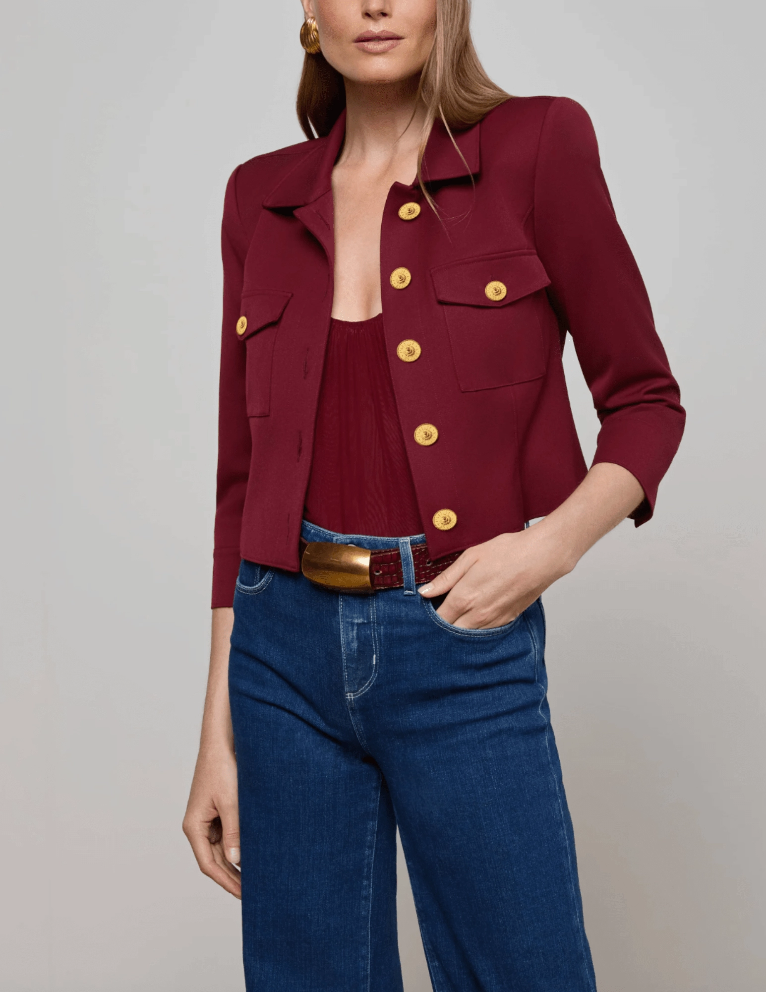 L'AGENCE Kumi Cropped Fitted Jacket in Black Cherry UVProtectionCoating