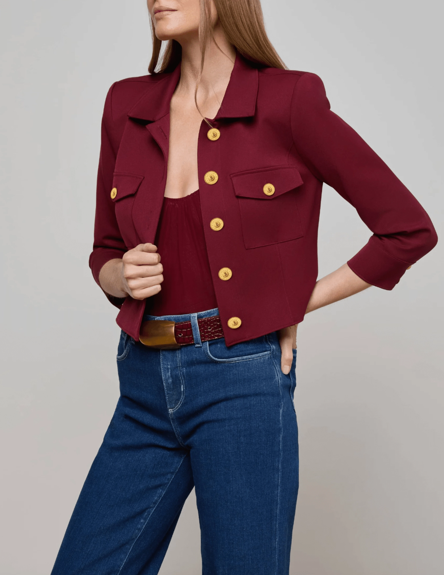 L'AGENCE Kumi Cropped Fitted Jacket in Black Cherry Modern Cut