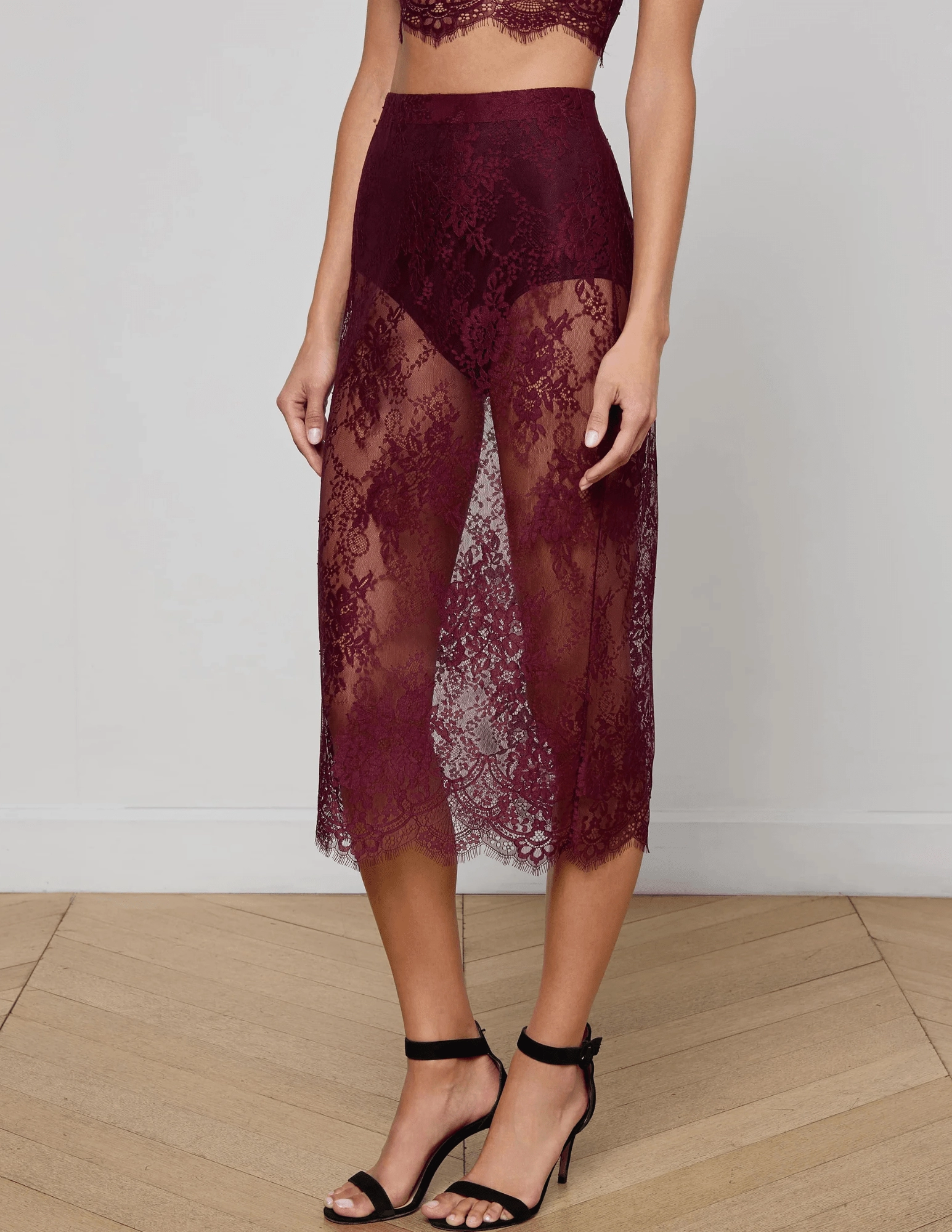 Side slits L'AGENCE Makena Lace Pencil Skirt in Dark Port