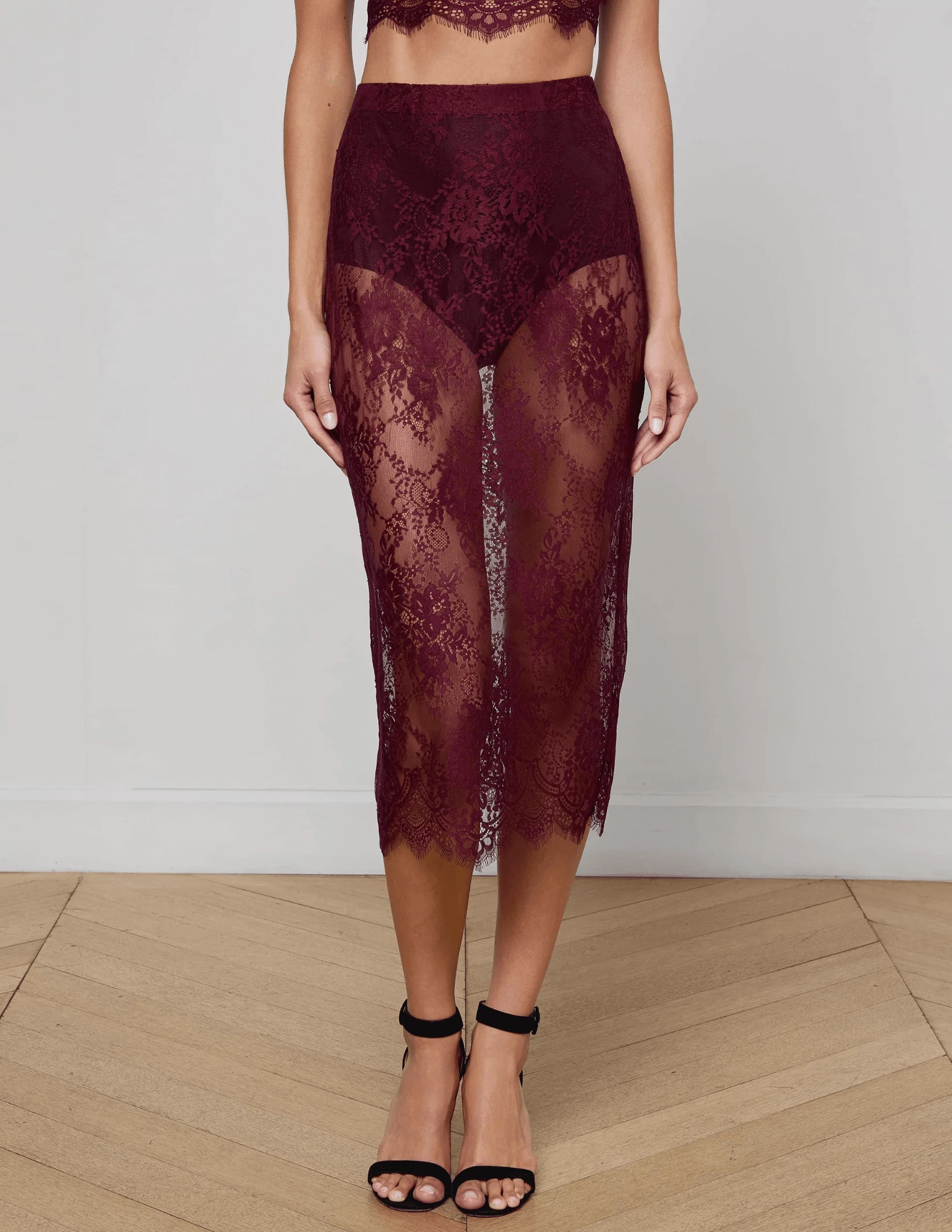 L'AGENCE Makena Lace Pencil Skirt in Dark Port anti slip grip