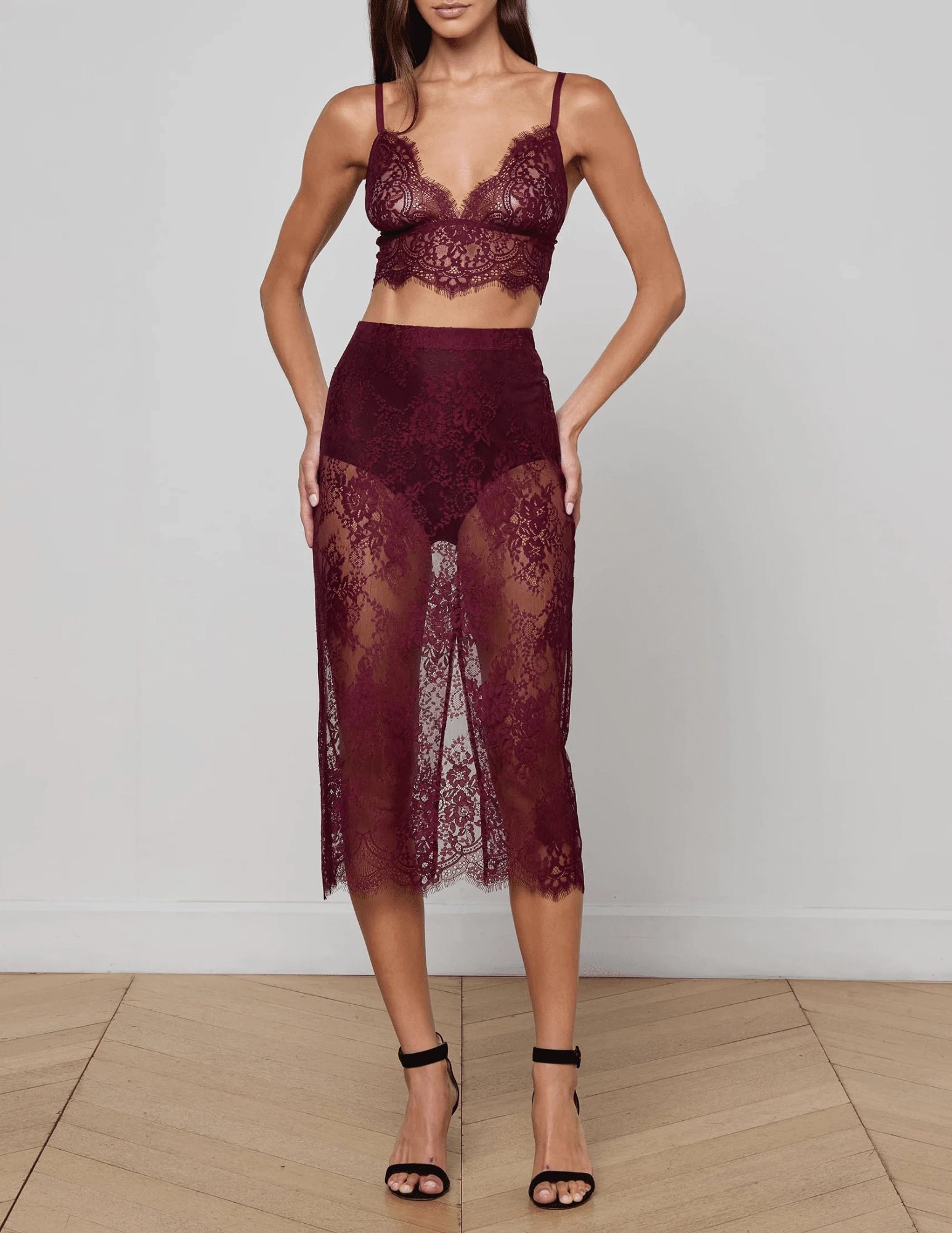 Multi Pocket Configuration L'AGENCE Makena Lace Pencil Skirt in Dark Port